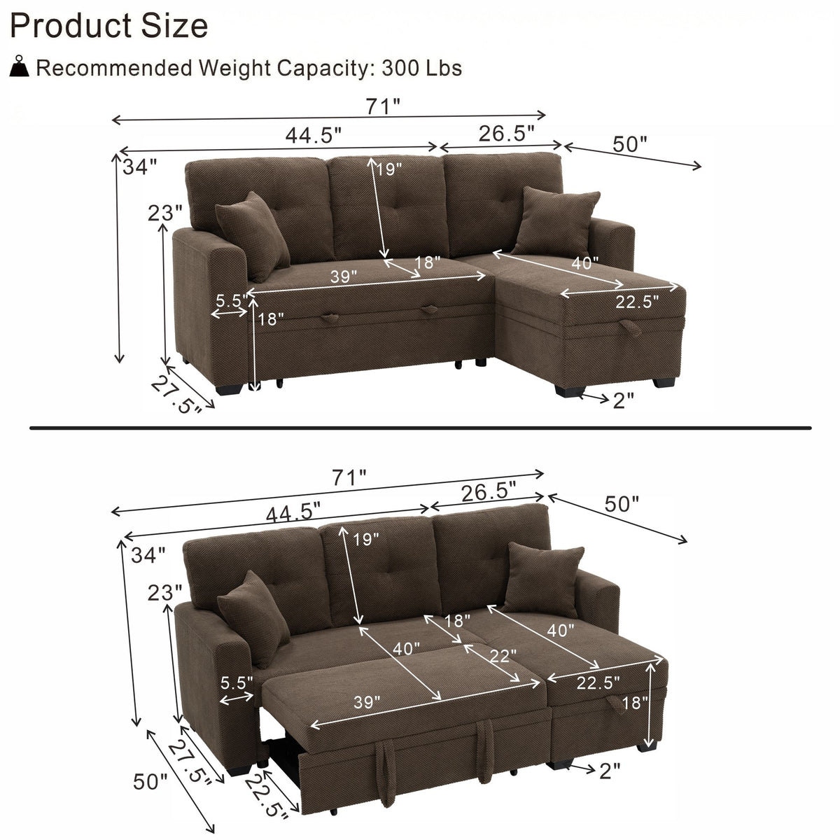 Sofá seccional cama con nido extraíble, chaiselongue reversible