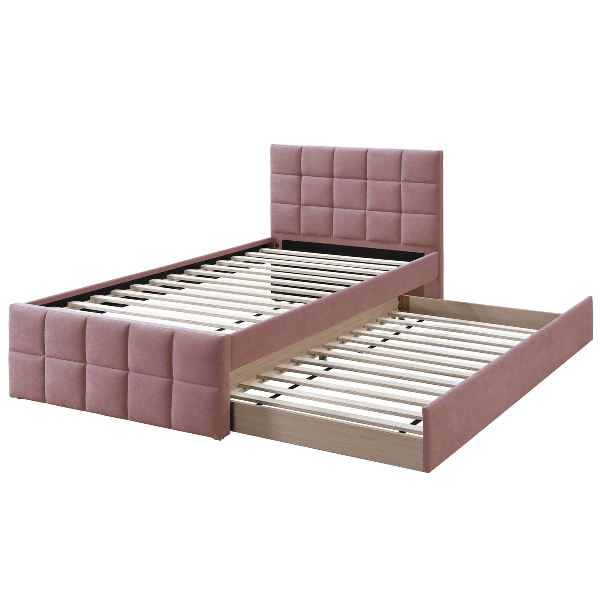 Cama de estilo contemporáneo con nido, cabecero y piecero tapizados con patrón de cuadrícula