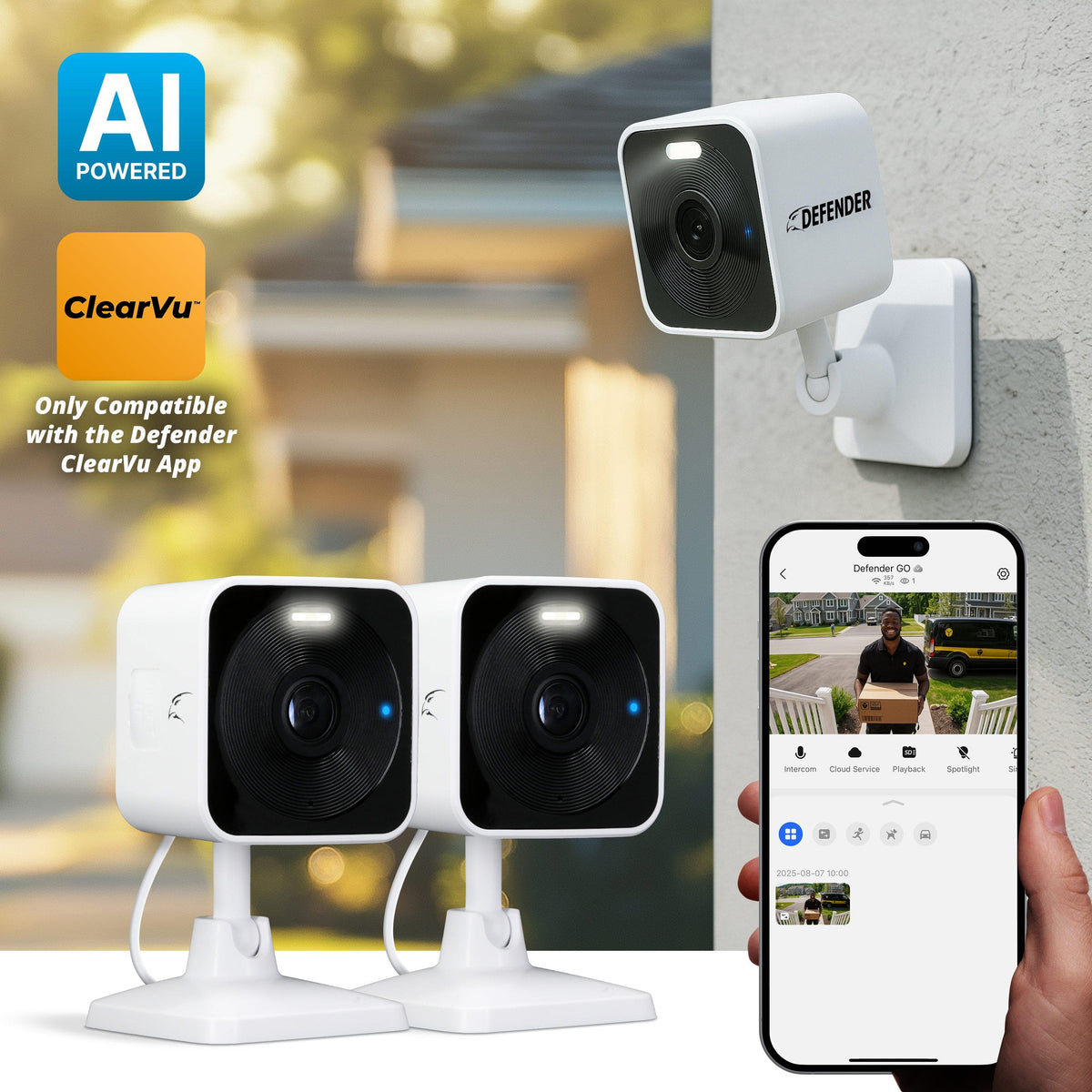 Defender - GO 2K AI POWERED Plug-in Power Indoor/Outdoor Home Security, Baby & Pet Camera - 2 Pack - White