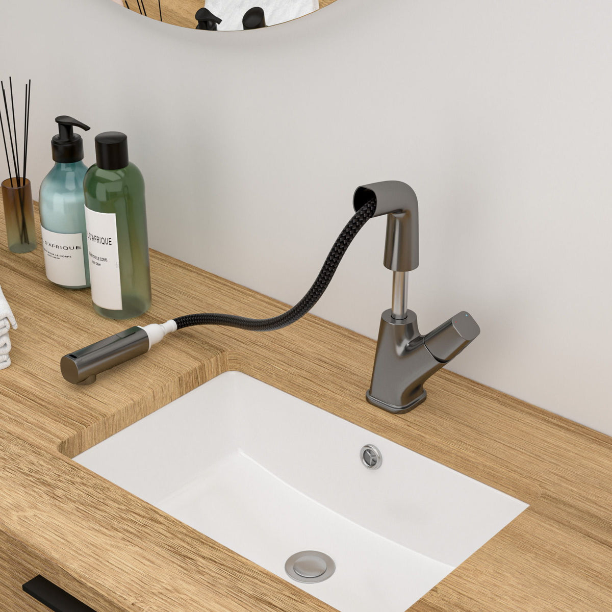 Pull Down Bathroom Sink Faucet With 3 Water Modes And Stainless Steel Construction - Gunmetal Black