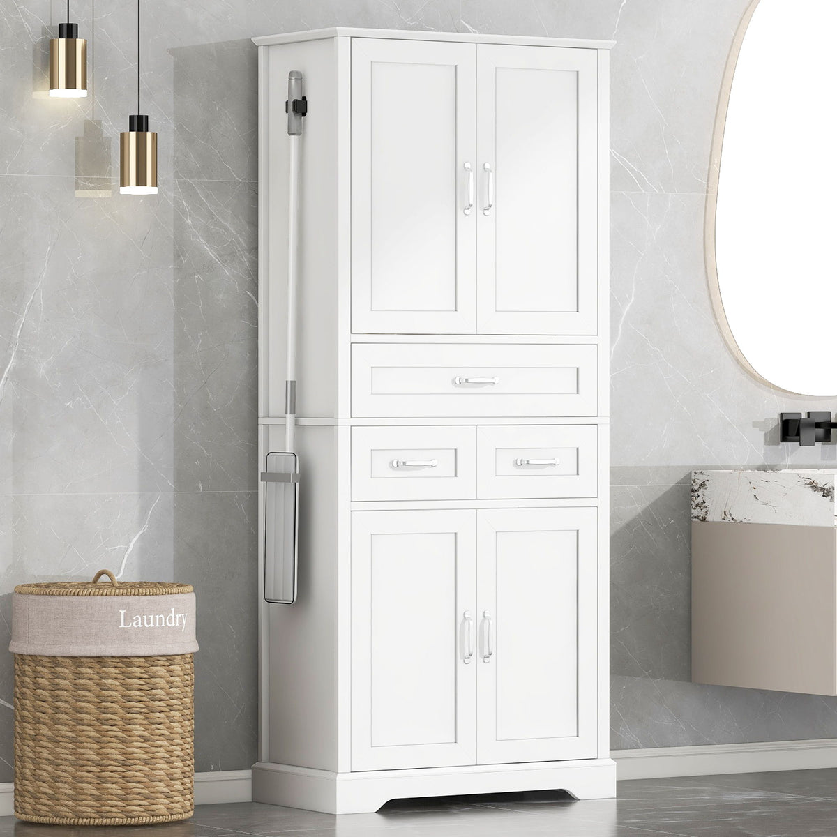 Armario alto de baño con 4 puertas, 3 cajones y estantes ajustables - Blanco