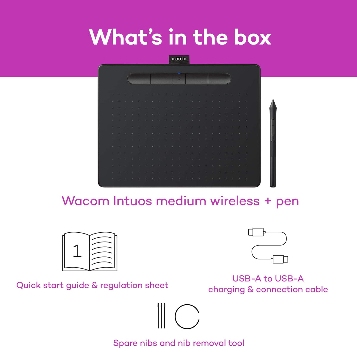 Wacom - Intuos Medium Bluetooth Graphics Drawing Tablet, Includes Training & Software; Works w/ Chromebook Mac Android & Windows - Black