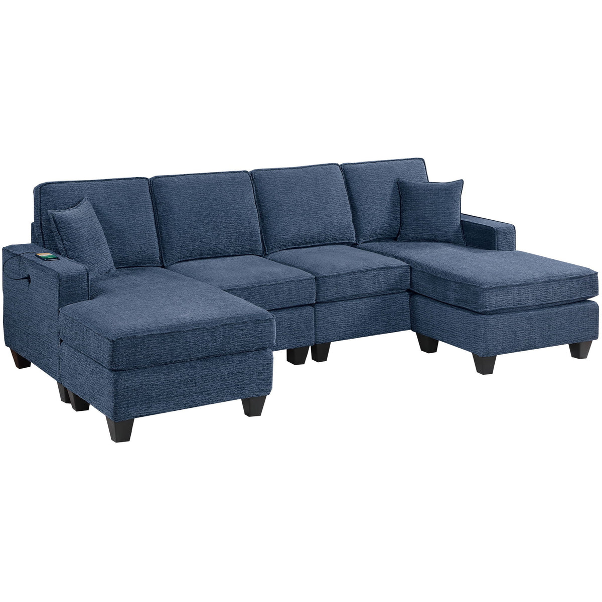 Set seccional con puerto USB, chaiselongue de brazo derecho, sofá de dos plazas sin brazos, chaiselongue de brazo izquierdo, 3 piezas, incluye cojines a juego - Azul oscuro
