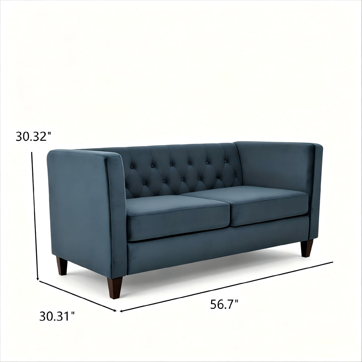 Sofá de dos plazas con botones capitoné, tapizado y con brazos cuadrados para sala de estar - Azul marino