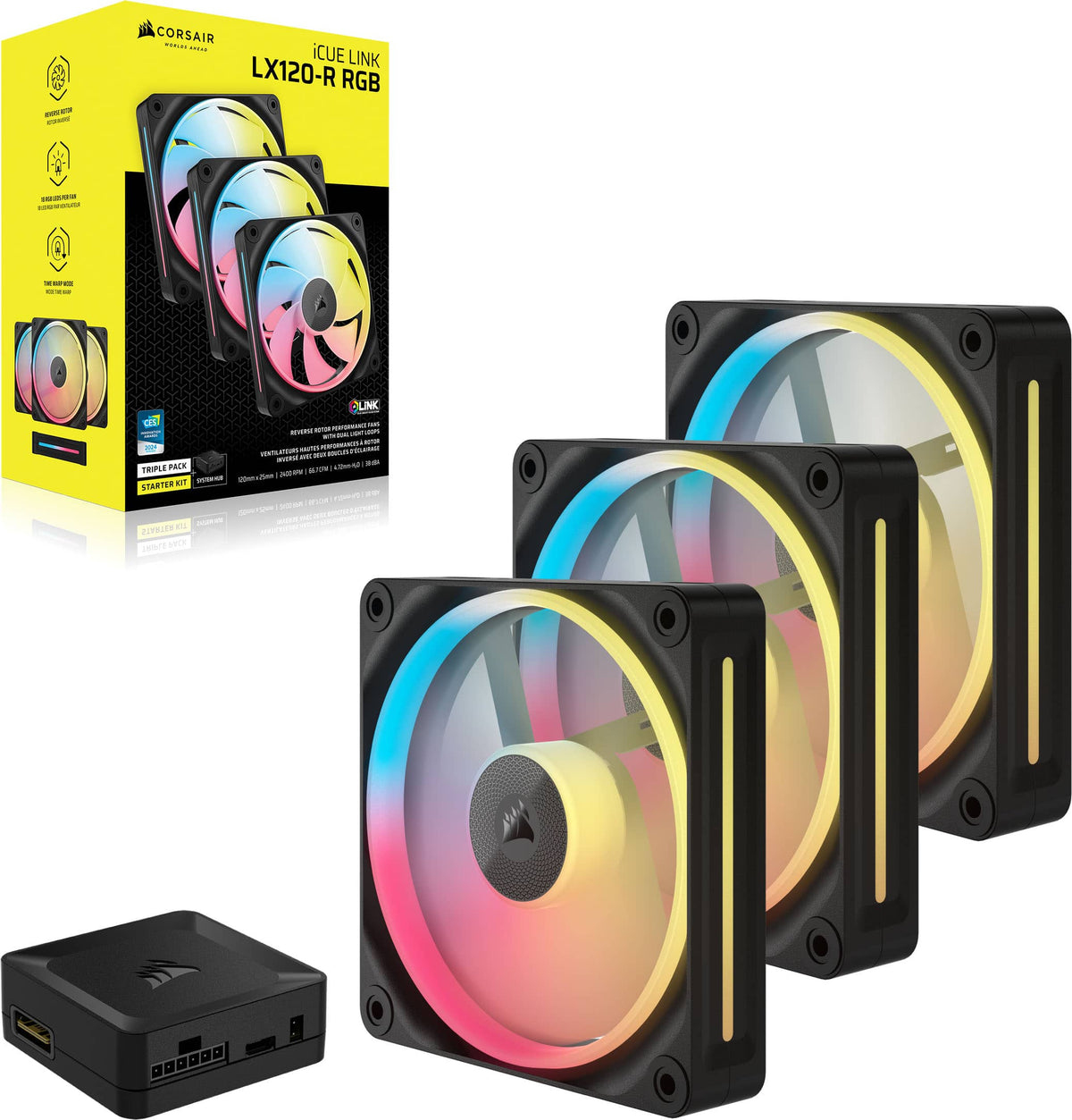 CORSAIR - iCUE LINK LX120-R RGB 120mm PWM Reverse Blade Computer Case Fan Starter Kit (3-pack) - Black