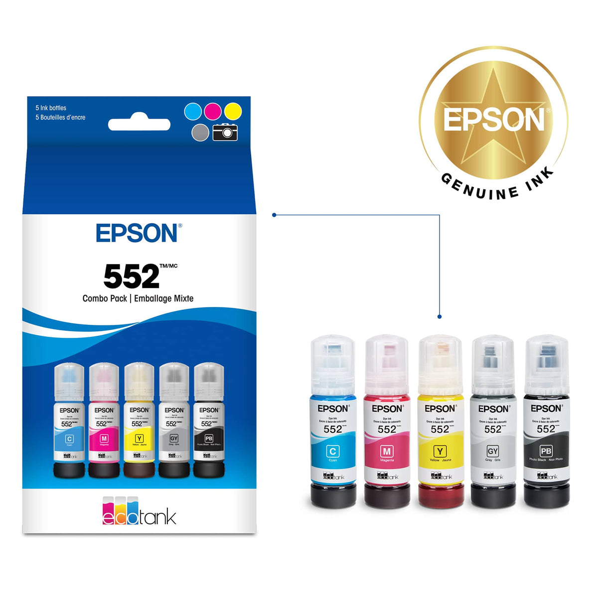 Epson - T552 Dye Clr Combo CMYPkGy Ink - Photo Black/Cyan/Magenta/Yellow/Gray