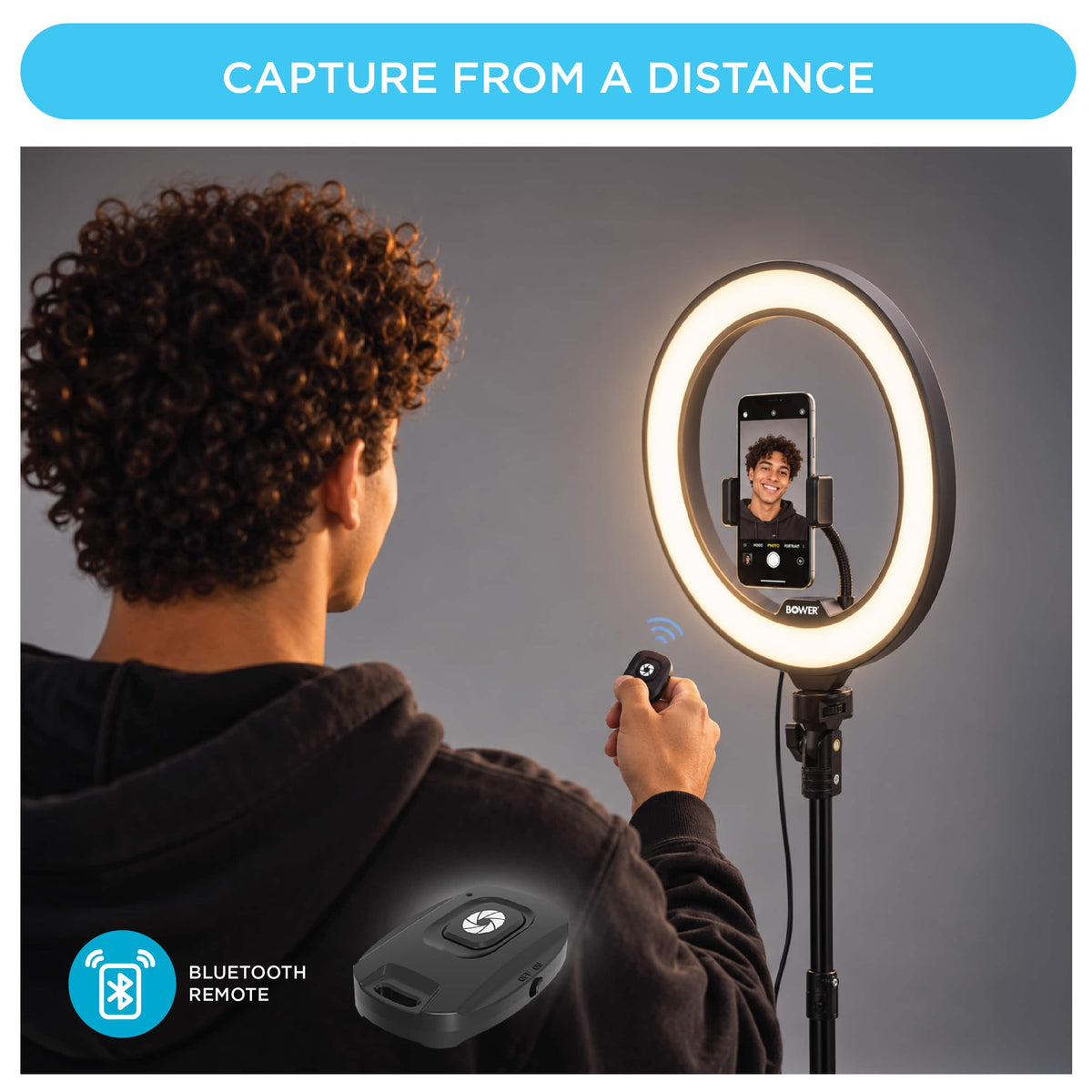Bower - Luma Slim 10" Multicolor Ring Light with 60" Stand, Phone Holder and Wireless Remote - Black