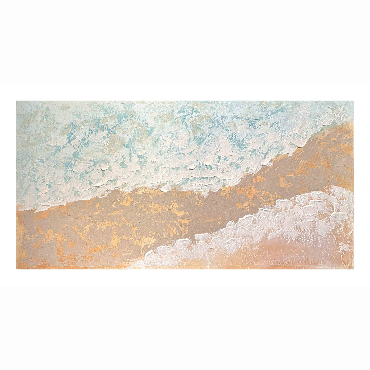 Cuadro de lienzo con paisaje de playa en tonos neutros, pintura hecha a mano con textura gruesa, decoración para sala de estar - Beige / Azul