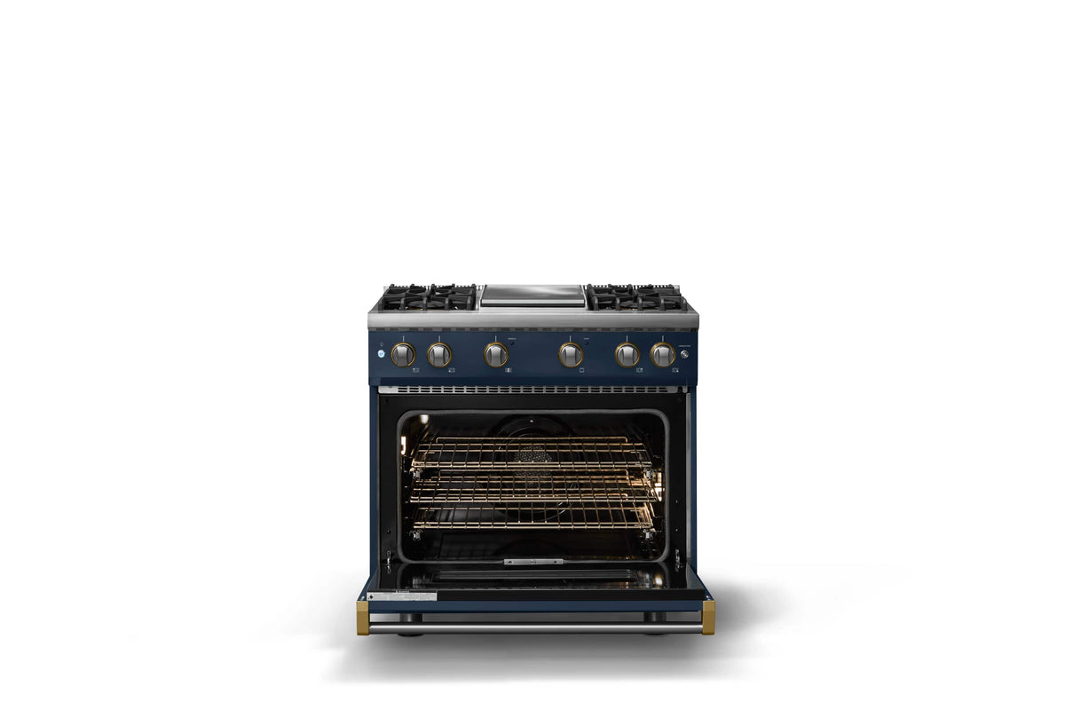 Viking - 36 in. Wide Pro 5 Series 5.1 Cu. Ft. Freestanding Sealed 4 Burner Gas Convection Range - Slate Blue w. Brushed Brass - Slate Blue