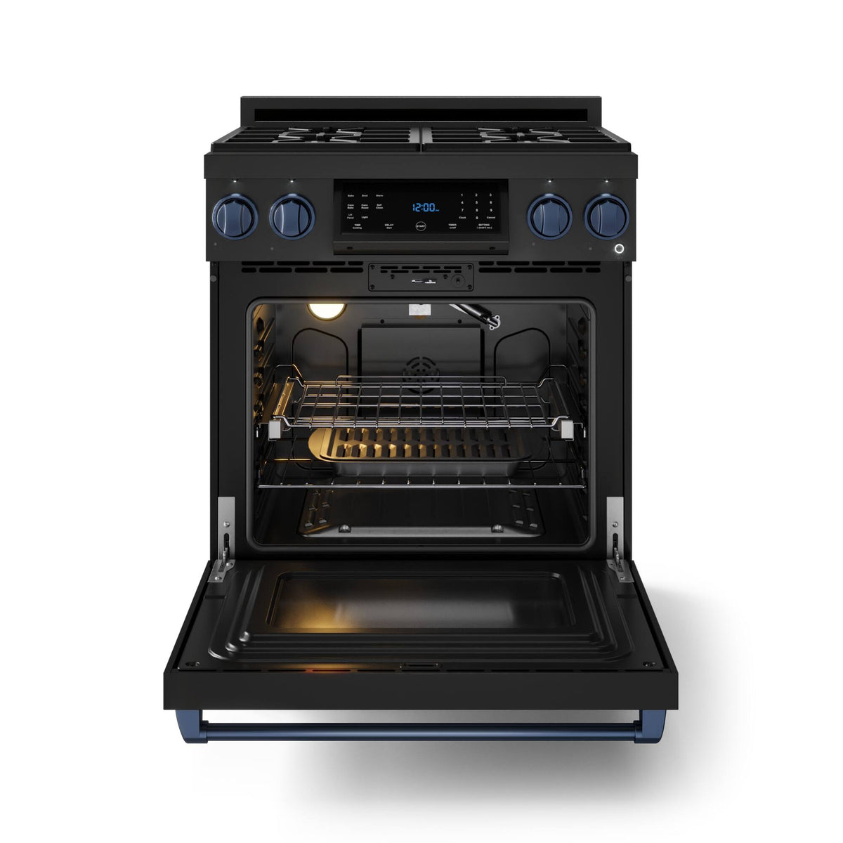 30 in. Wide 4 burner Gordon Ramsay Series by Thor Kitchen 4.55 Cu. Ft Freestanding Gas Range with Navy Blue Hardware - Black