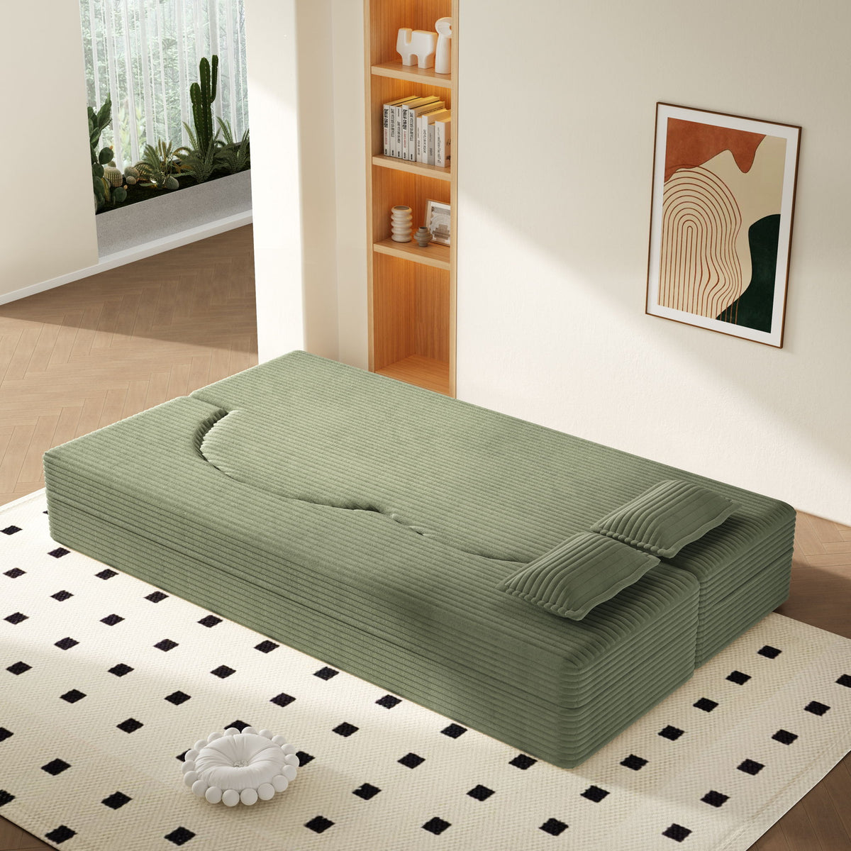 Modern Floor Sofa With 2 Pillows, Convertible Twin Size Folding Mattress For Living Room