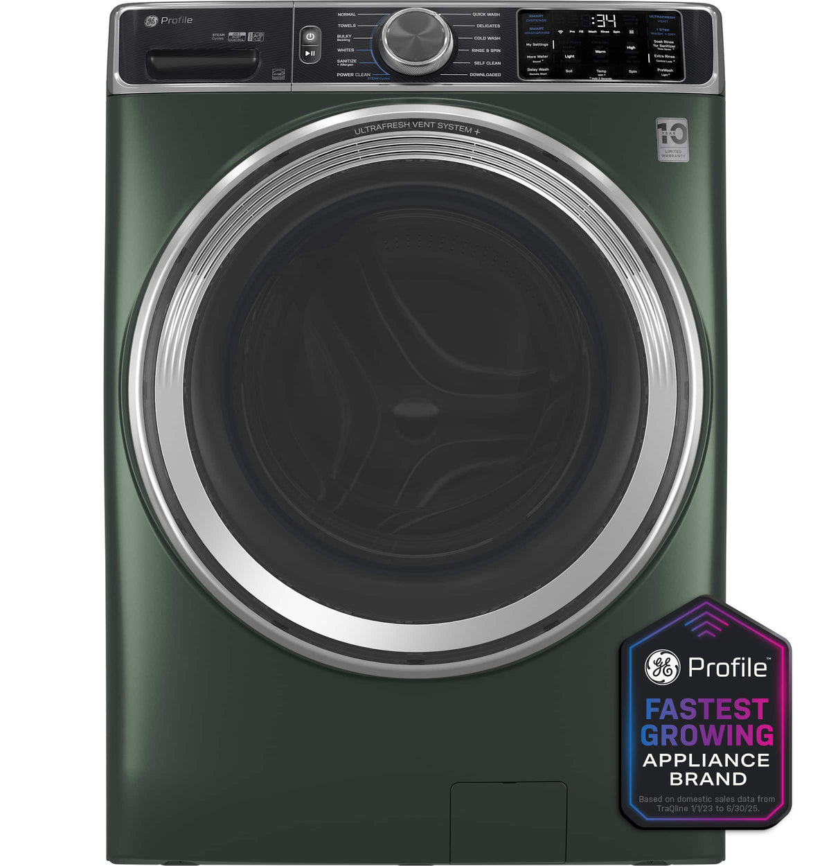 GE Profile - 5.5 Cu. Ft. High Efficiency Stackable Smart Front Load Washer with Steam and UltraFresh Vent System+ With OdorBlock - Jade Green