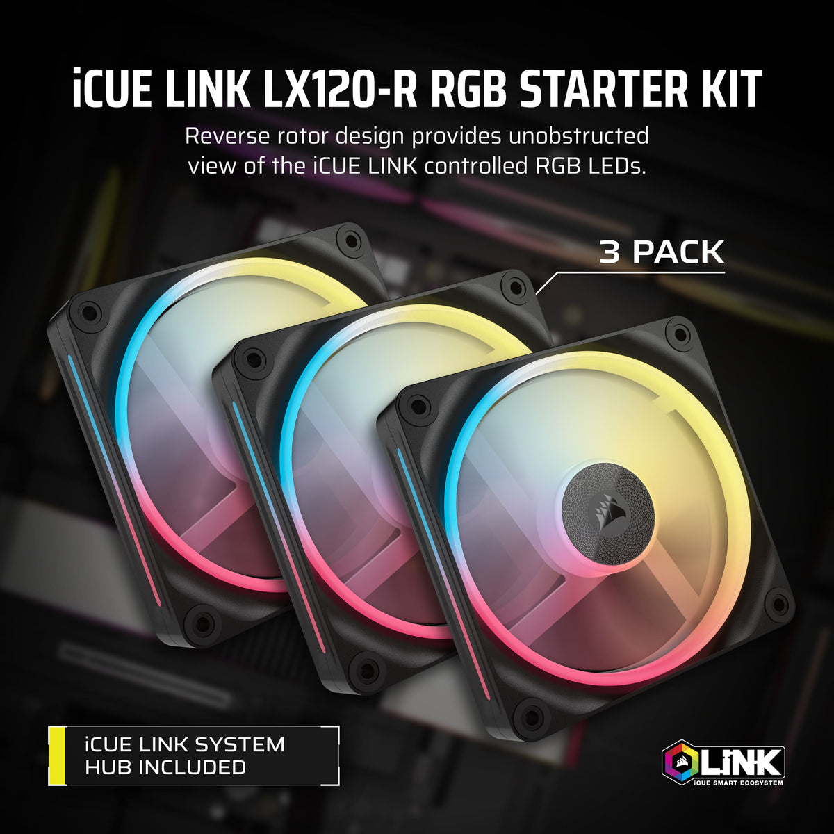 CORSAIR - iCUE LINK LX120-R RGB 120mm PWM Reverse Blade Computer Case Fan Starter Kit (3-pack) - Black