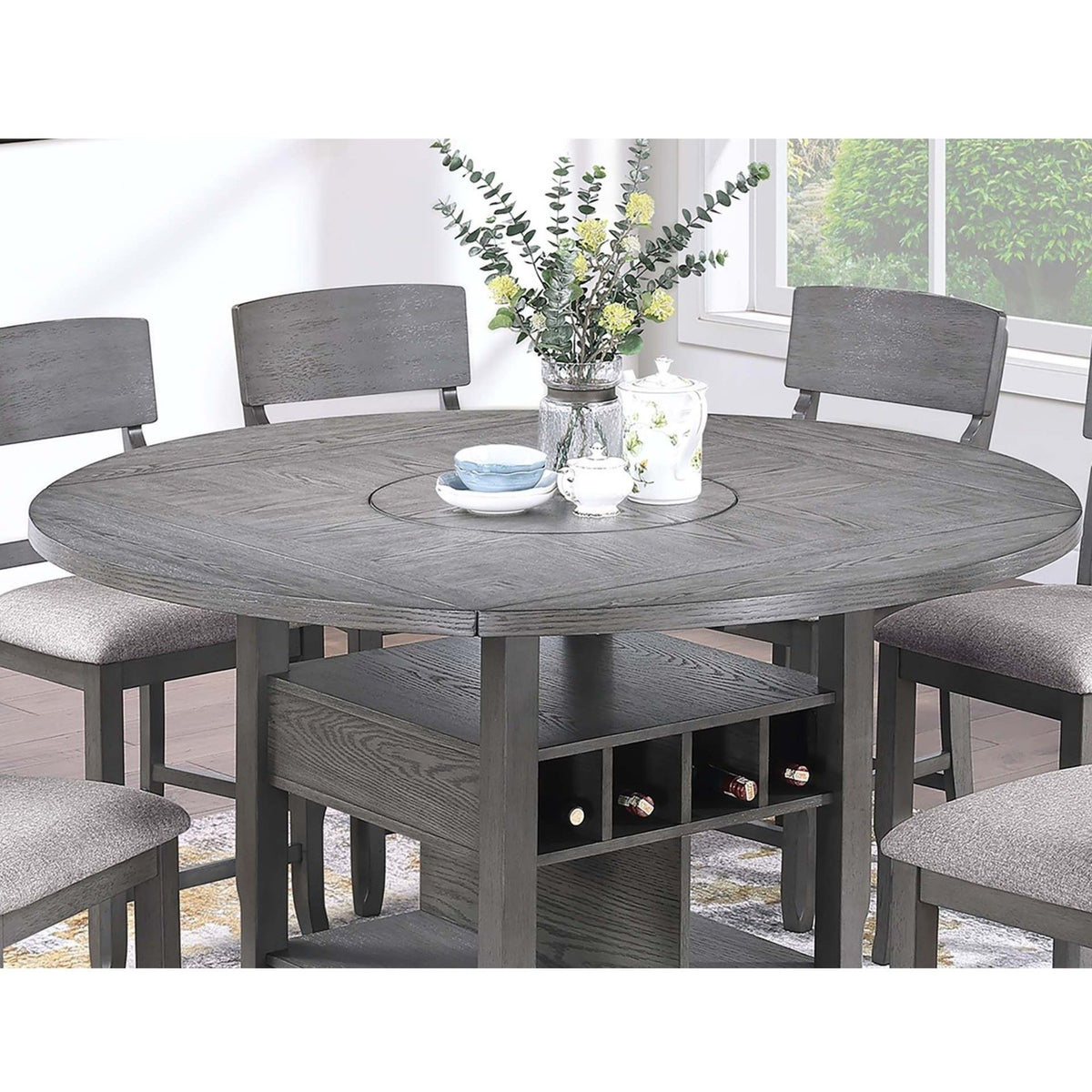 Mesa de comedor de altura de mostrador con bandeja giratoria integrada y estantes de almacenamiento