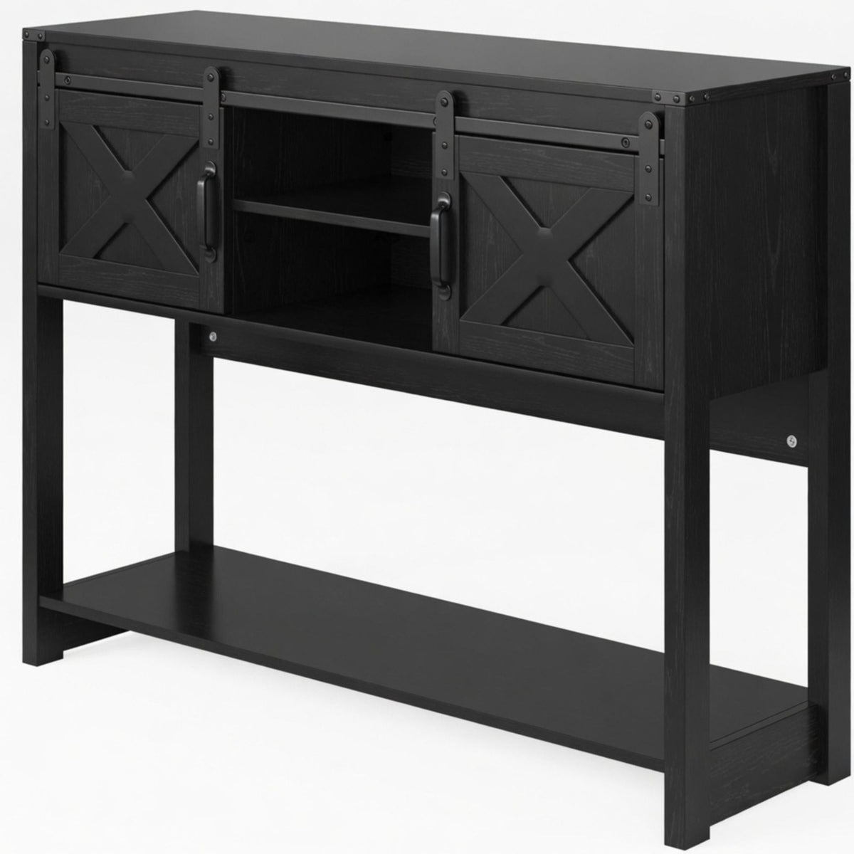 Mesa de entrada rústica con puerta corrediza estilo granero