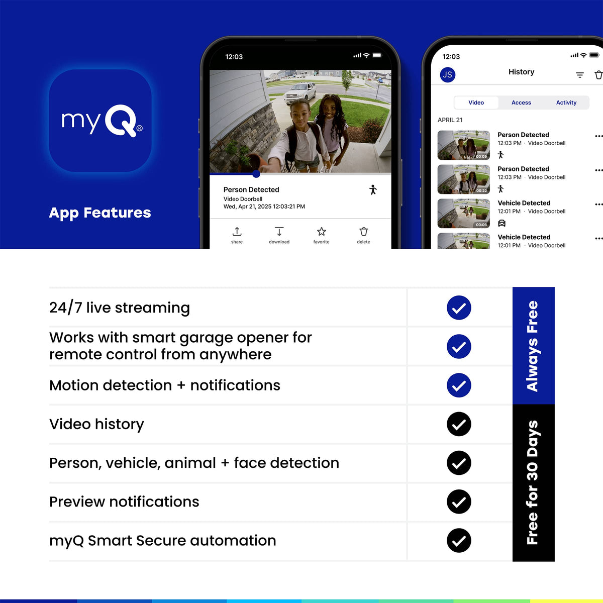 Chamberlain - myQ Video Doorbell | 2K Camera, Battery/Wired, Color Night Vision, Live View with 2-Way Talk, Motion Detection & Alerts - Black