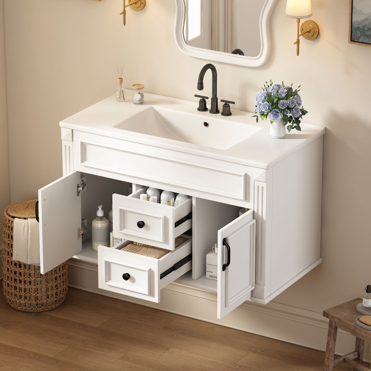 Gabinete de baño de estilo francés sencillo montado en la pared con lavabo