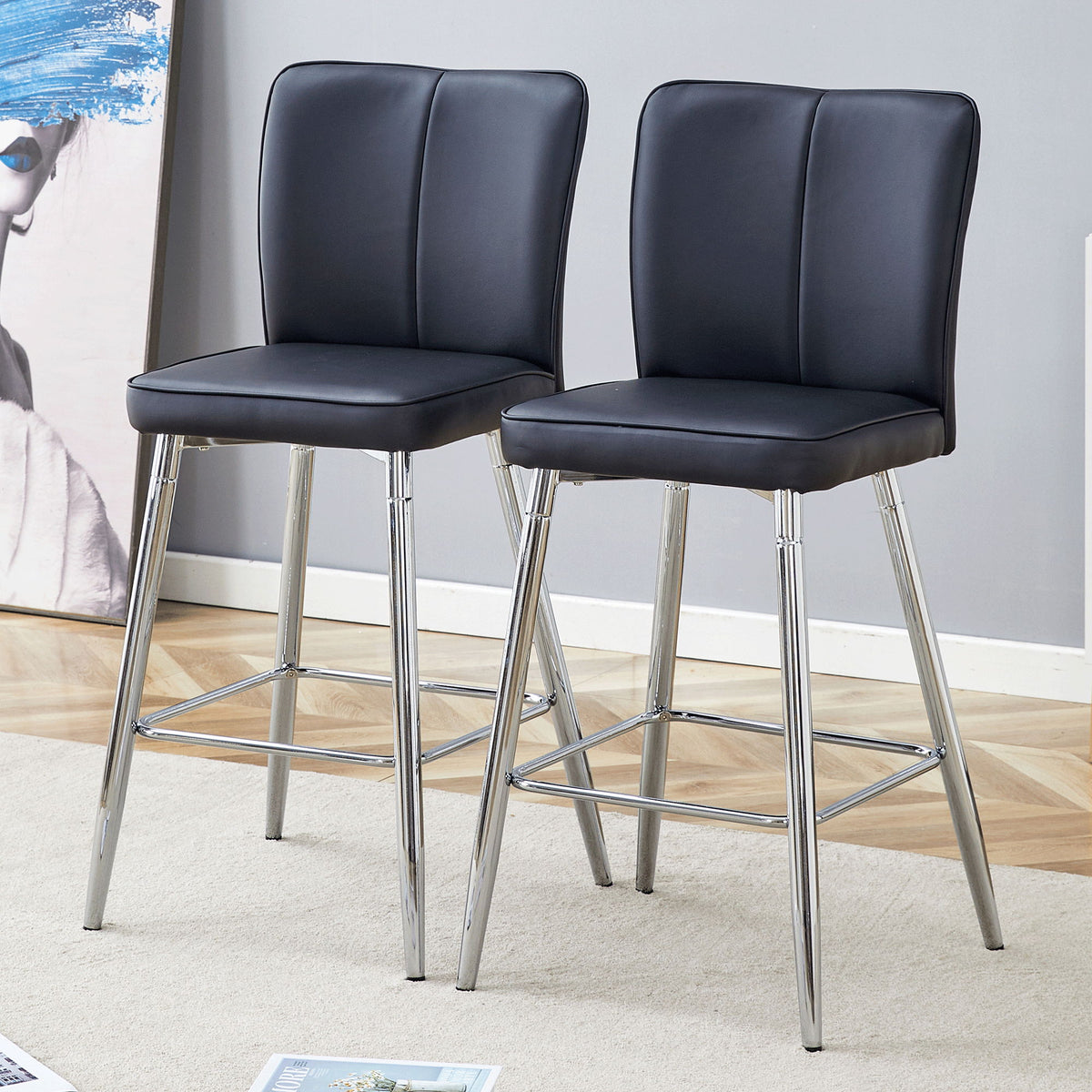 Modern Bar Chair Set Streamlined Backrest Metal Legs 2 Pieces - Black / Silver