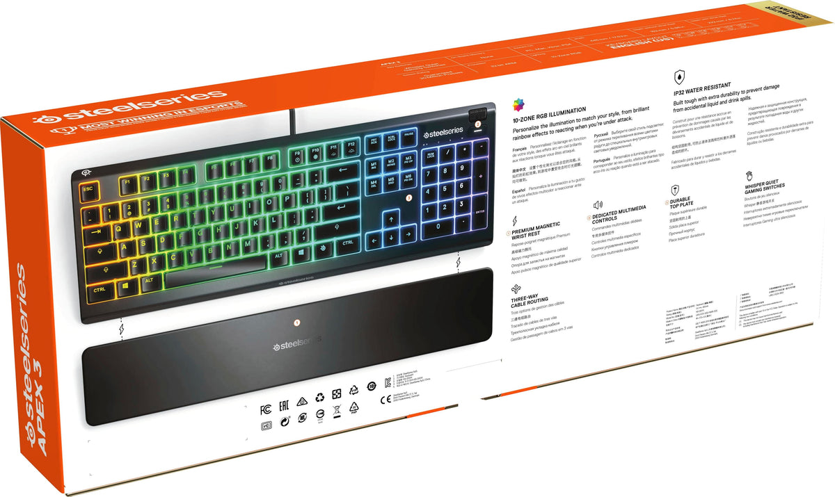 SteelSeries - Apex 3 Full Size Wired Membrane Whisper Quiet Switch Gaming Keyboard with 10 zone RGB Backlighting - Black