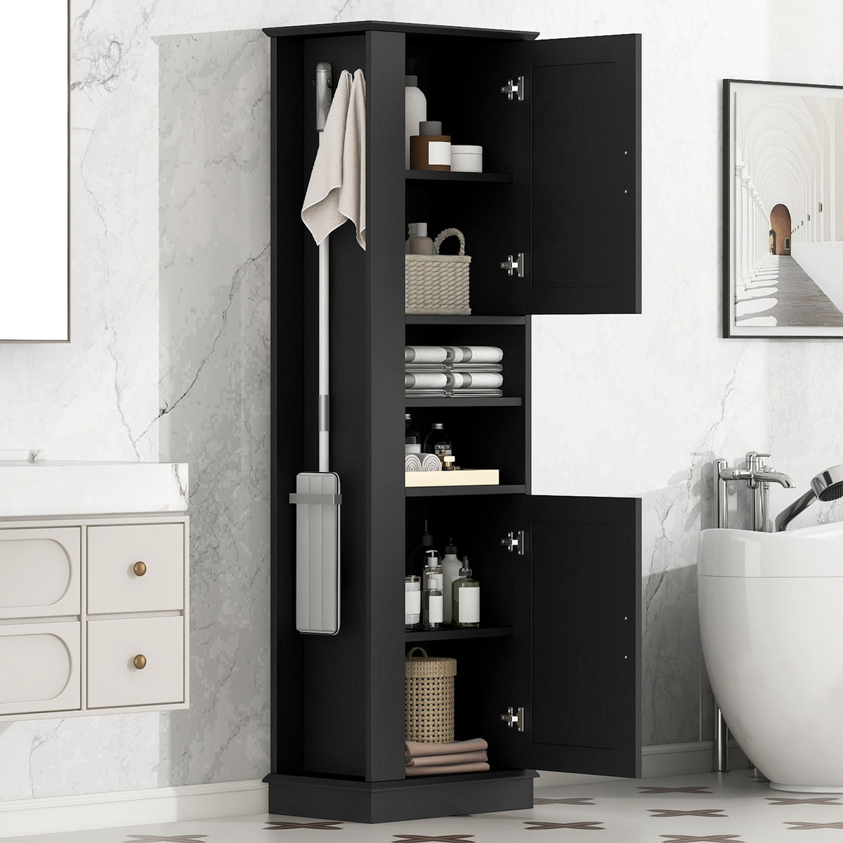 Armario de baño alto independiente con estantes ajustables y panel de ganchos laterales, diseño rectangular