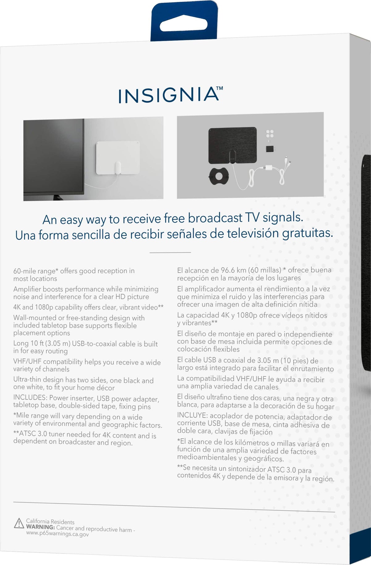 Insignia™ - Amplified Ultra-Thin Indoor HDTV Antenna with 60-Mile Range - Black/White