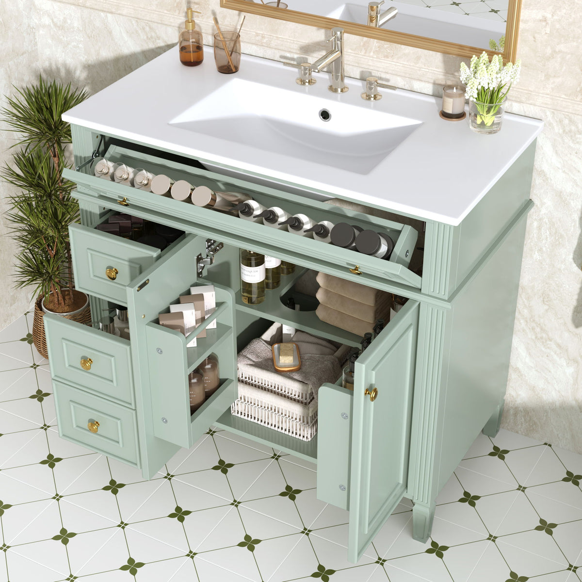 Mueble de baño con lavabo, 3 cajones y 2 puertas con cierre suave