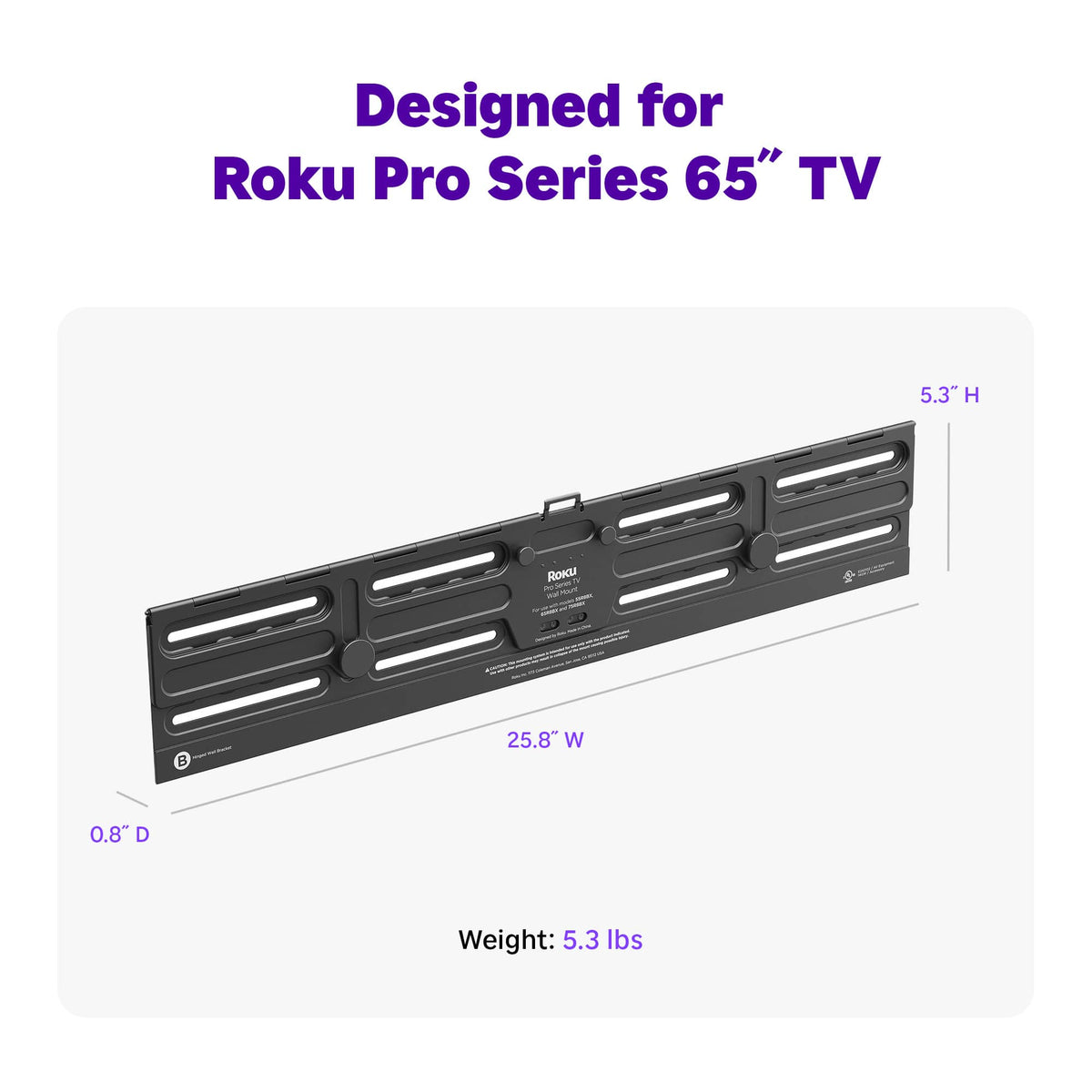 Roku - Wall Mount Kit for 65” Pro Series TV - Ultra-Slim with Minimalist, Flat Design - Hinged Mount for Easy Access to Cables - Black