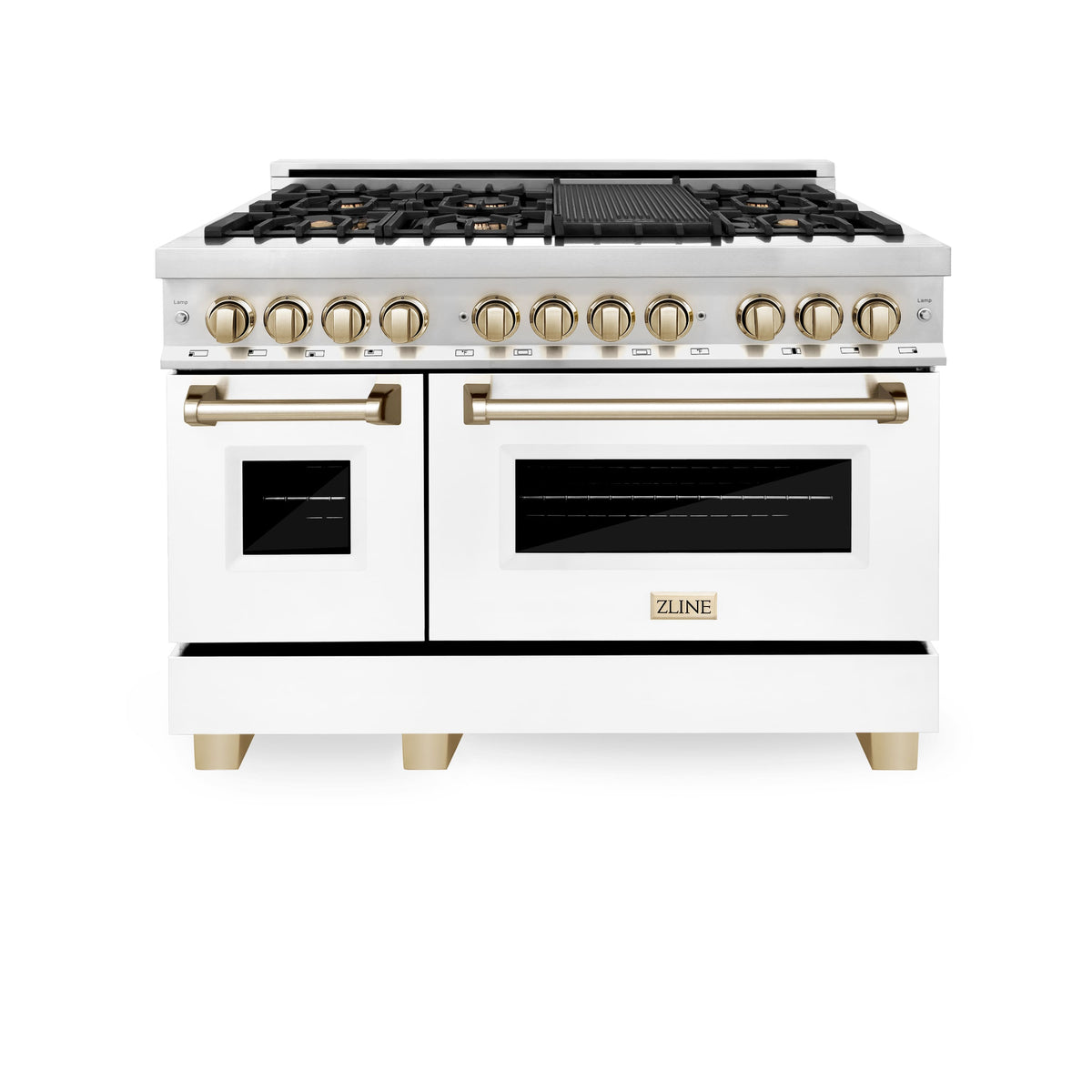 ZLINE - 48 in. Wide 8 Burner Autograph Legacy Dual Fuel Range in White & Gold Accents (RAZ-WM-48-G) - Stainless Steel