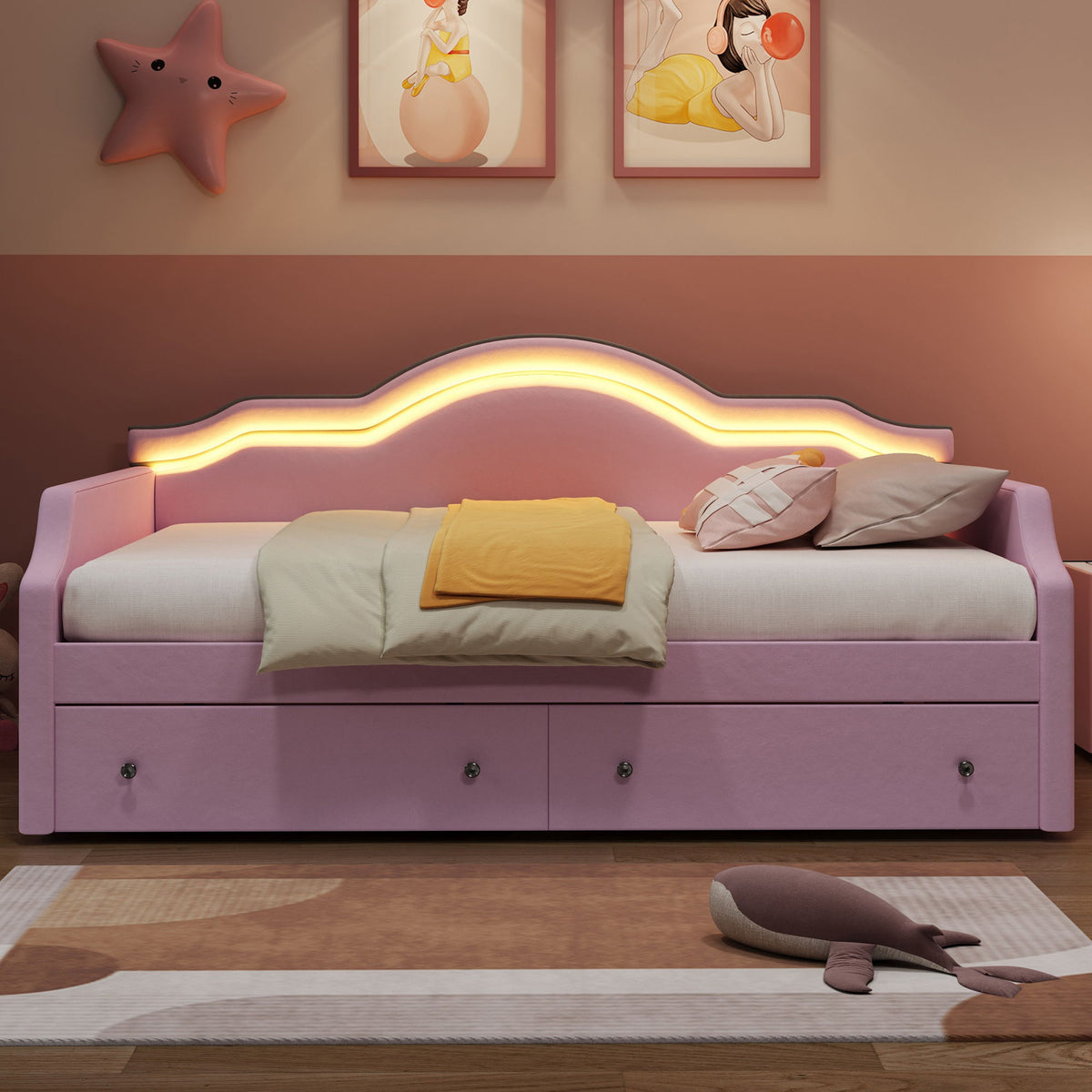 Upholstered Daybed With LED Lights And 2 Drawersme