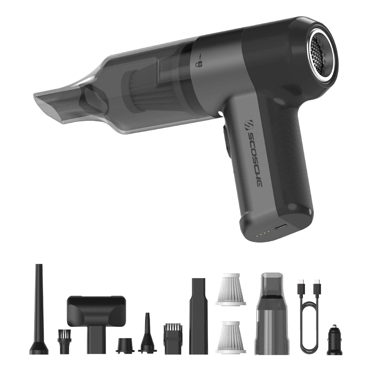 Scosche - SCOVAC 4-in-1 Cordless Handheld Vacuum Cleaner with Inflator, Deflator & Air Duster for Car, Home or Office - Black