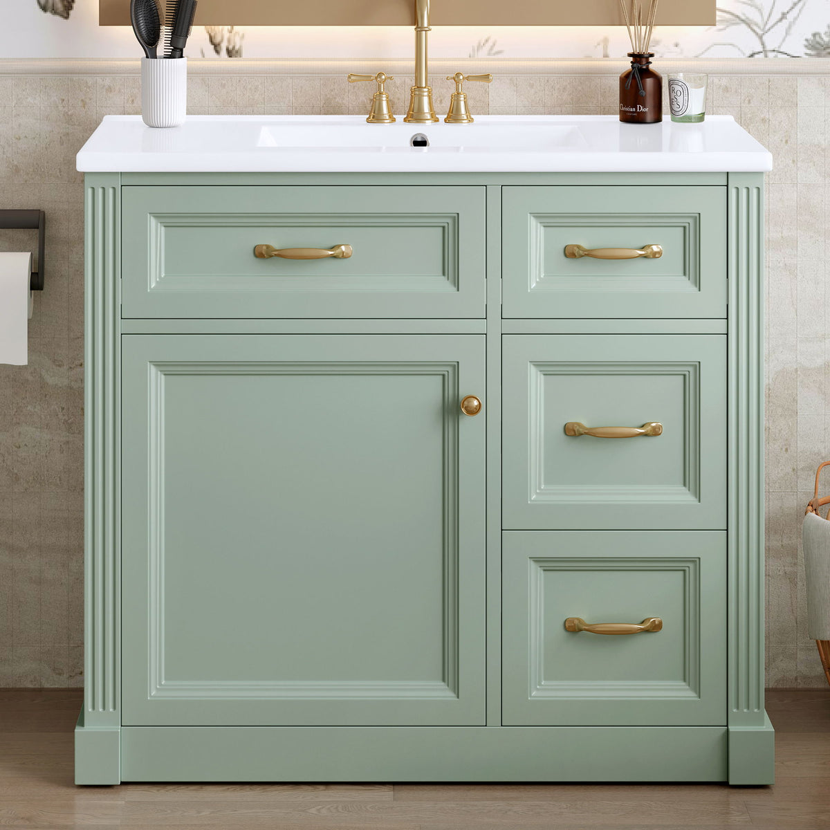 Tocador de baño moderno con lavabo, 4 cajones, puerta de cierre suave, estante ajustable
