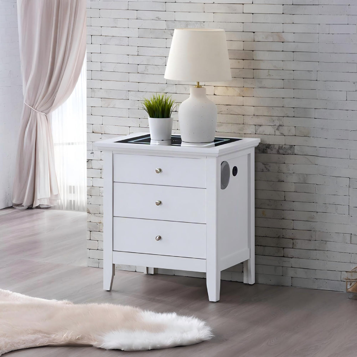 Hammond - Smart 3 Drawer Nightstand With USB Charging And Integrated Speakers - White