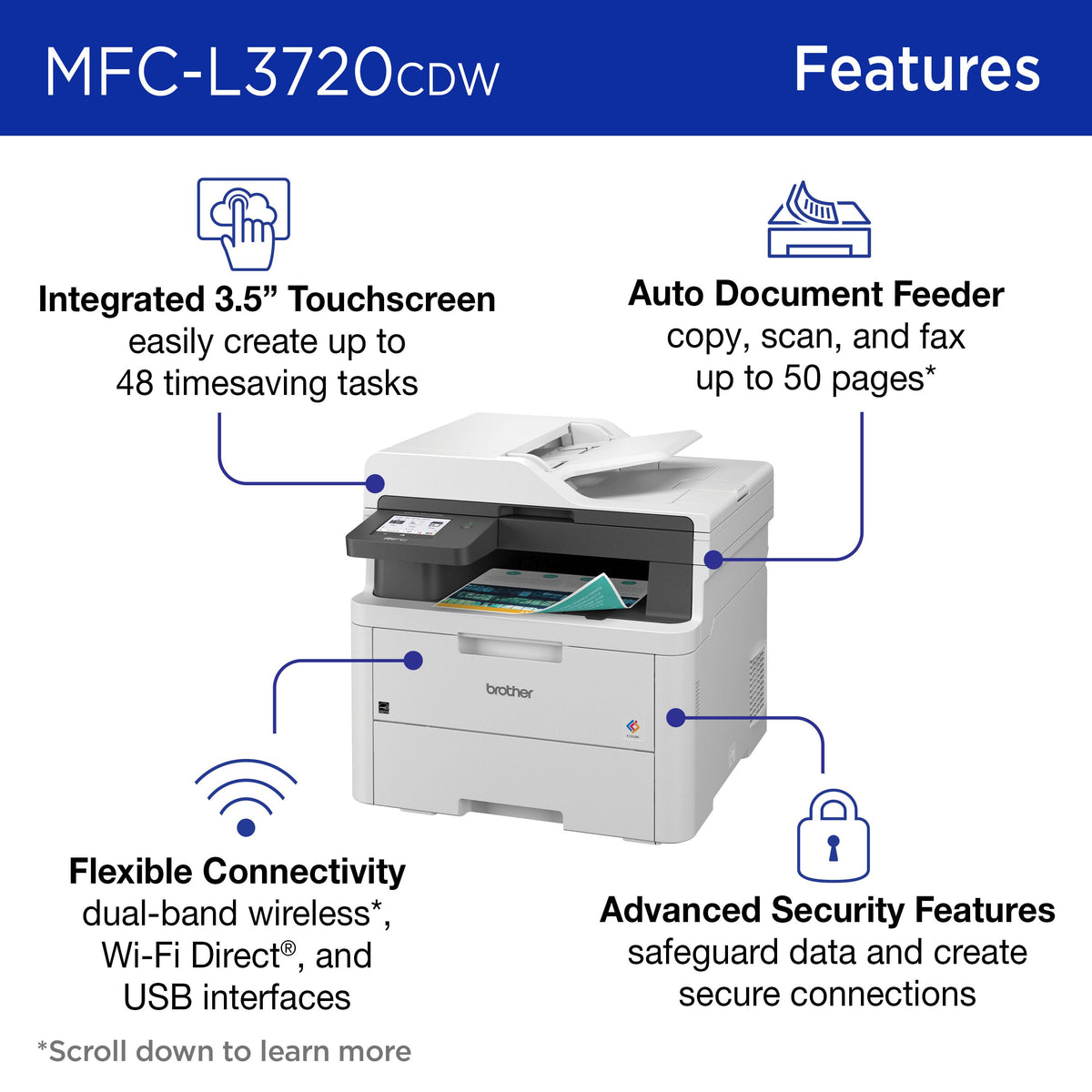 Brother - MFC-L3720CDW Wireless Digital Color All-in-One Printer with Laser Quality Output, Great for Small Offices - White
