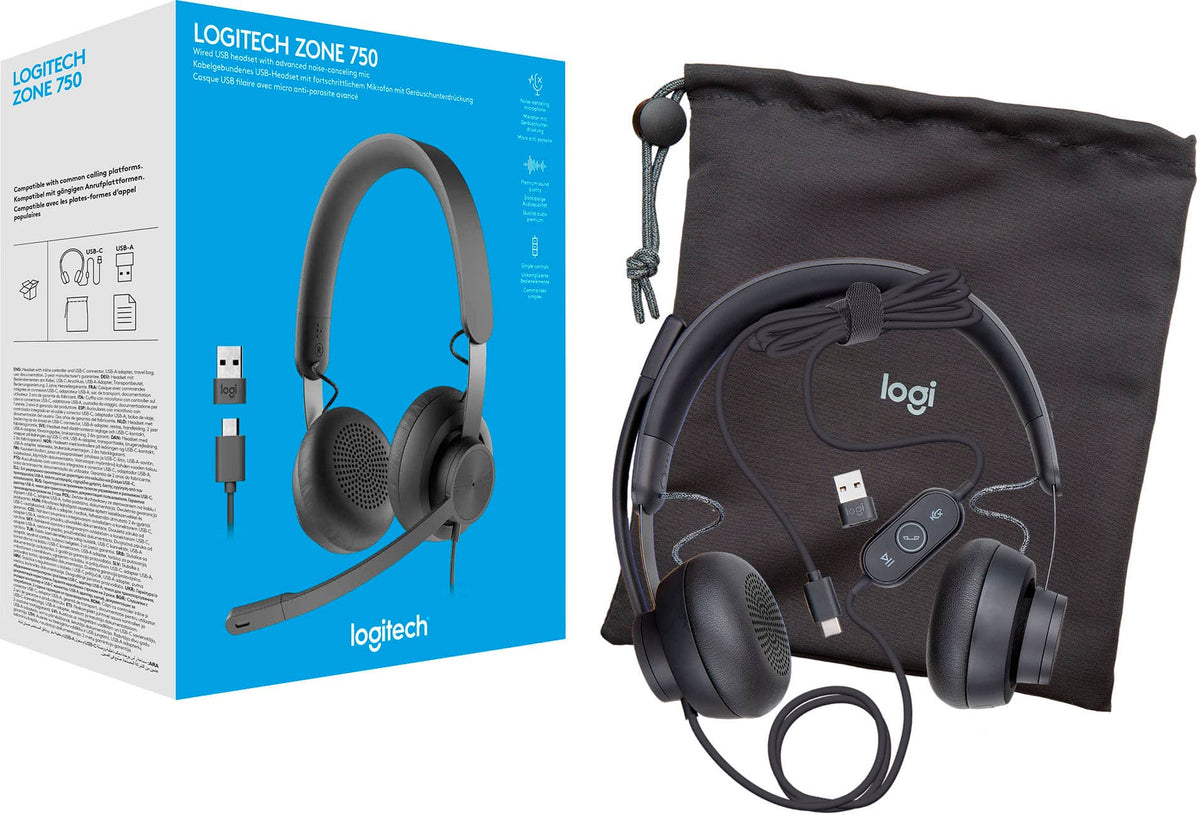 Logitech - Zone 750 Wired Active Noise Canceling On-Ear Headset - Black