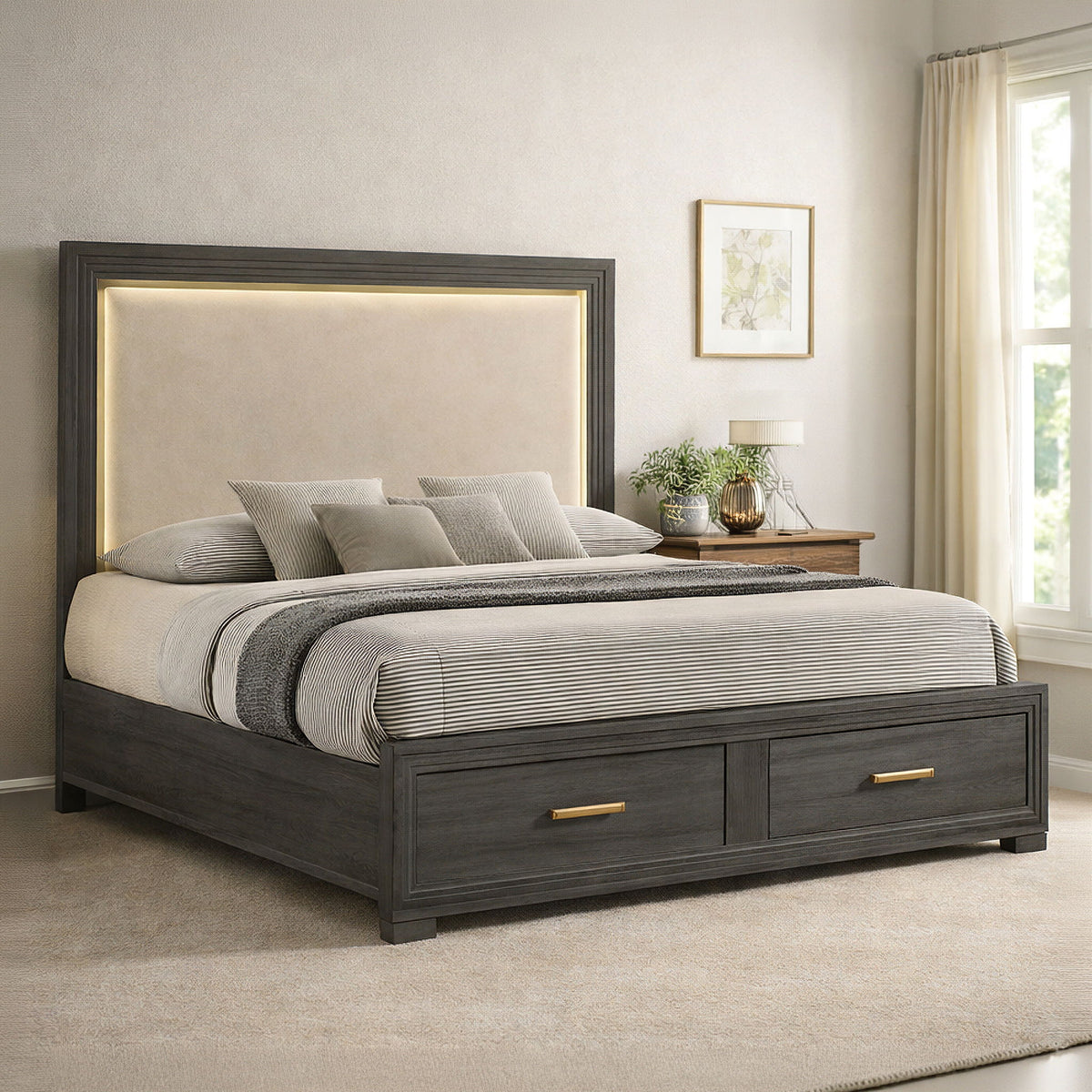 Colorado - Cama con cabecero tapizado con LED