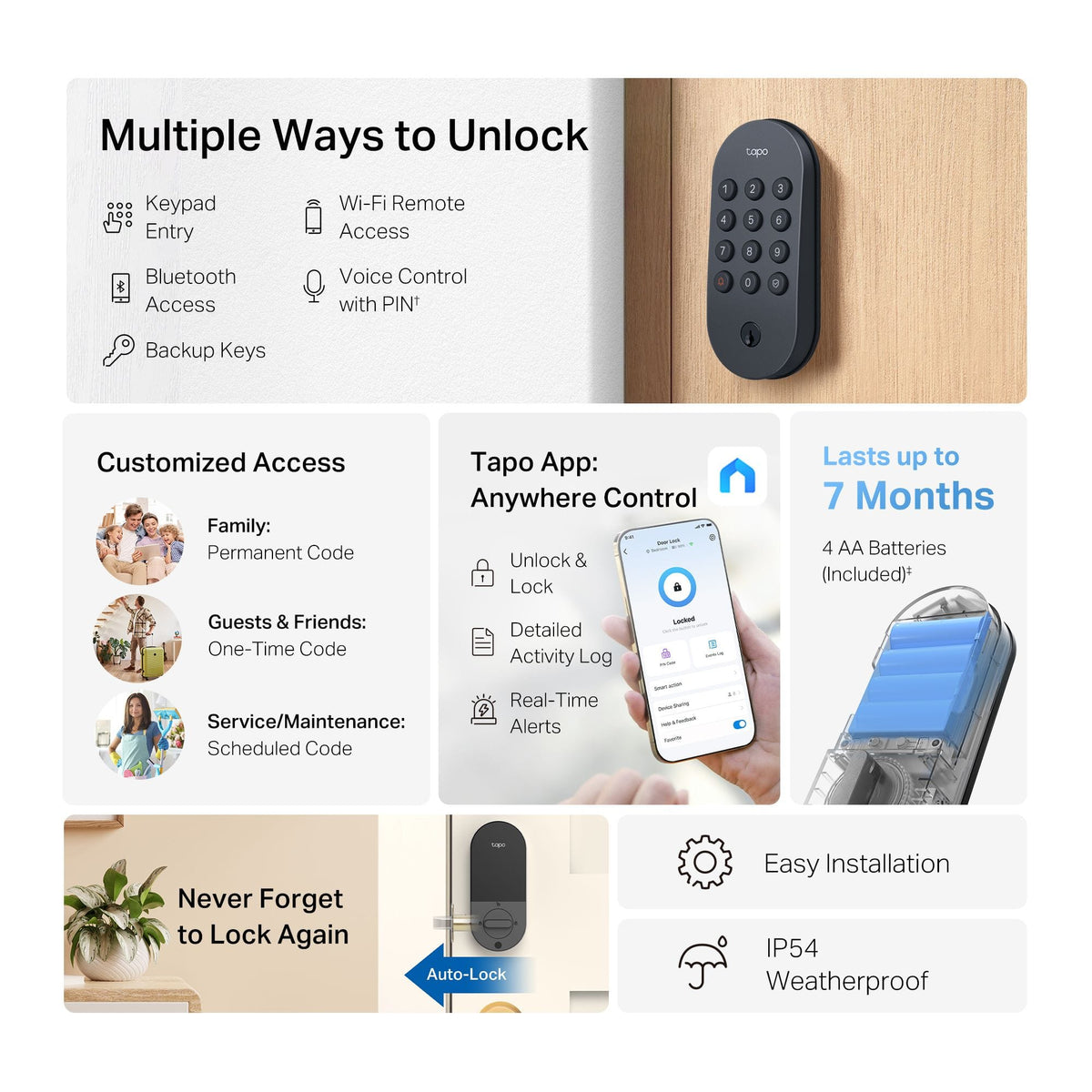 TP-Link - Tapo DL100 Smart Wi-Fi Deadbolt Door Lock – Keyless Tactile Buttons, App-Controlled Custom Access, Fits Standard Doors - Black