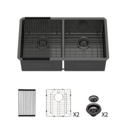 Double Bowl Undermount Kitchen Sink 16 Gauge 33" X 19" With Dual 10" Deep Basins - Gunmetal Black