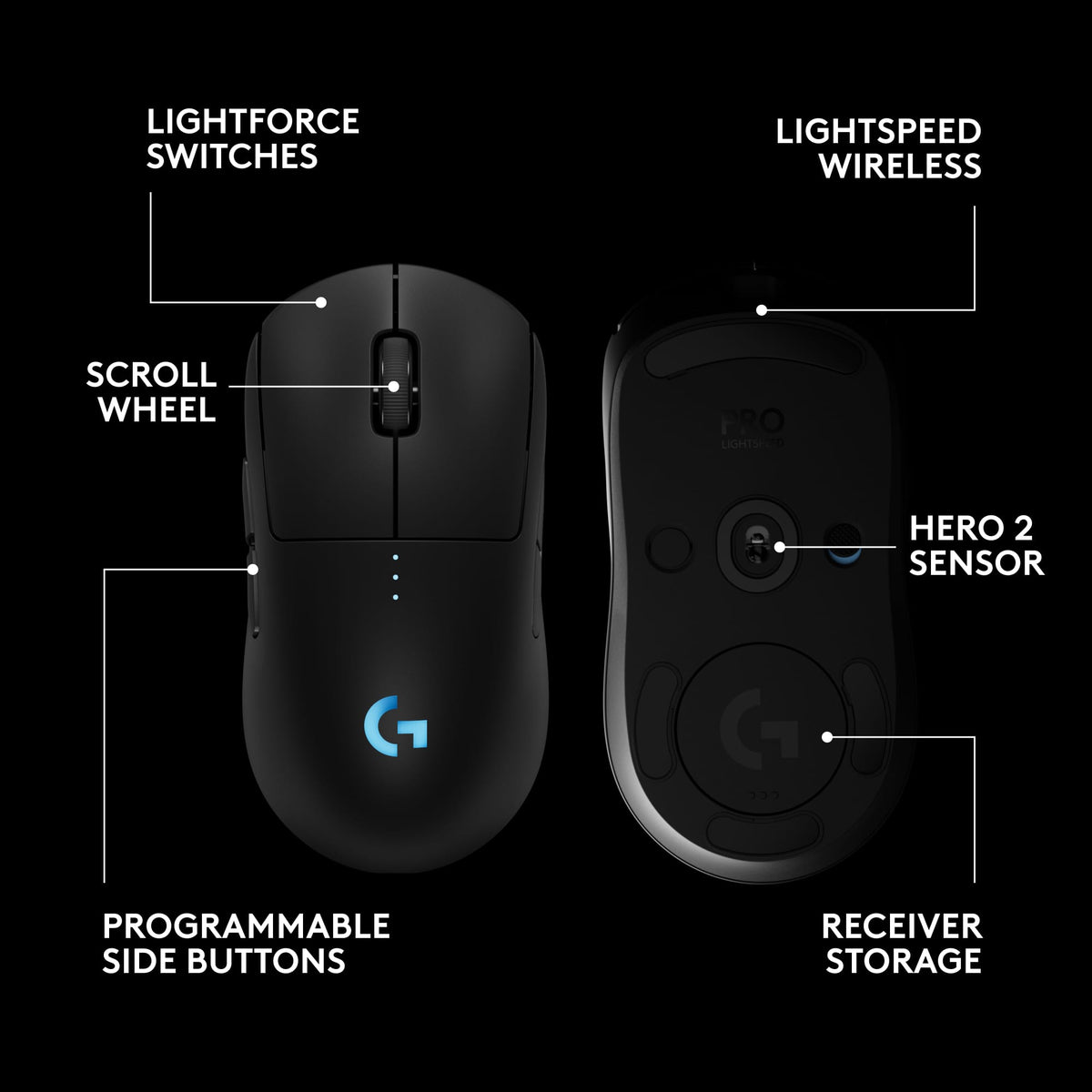 Logitech - PRO 2 LIGHTSPEED Lightweight Optical HERO 44K DPI Gaming Mouse with 4 Customizable and Switchable Magnetic Side Buttons - Wireless - Black