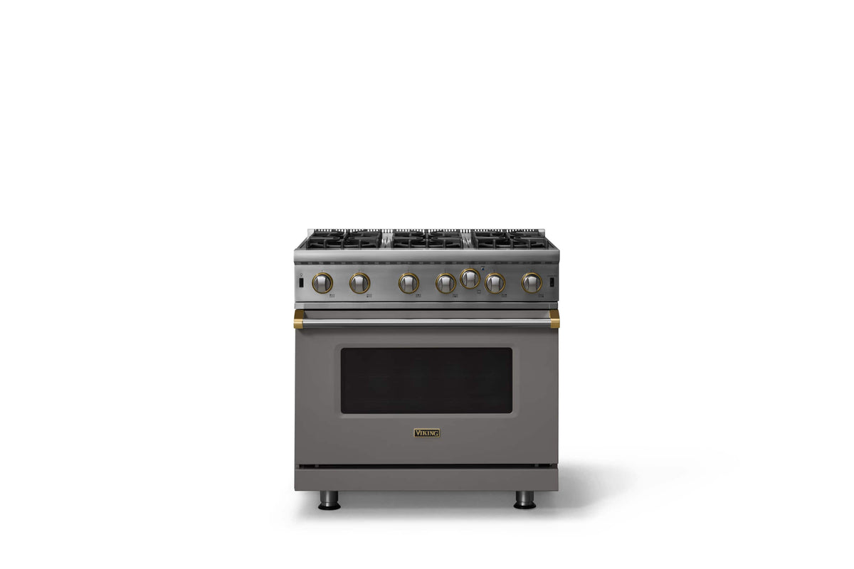 Viking - 30"W. 5.1 Cu. Ft. Freestanding Manual Clean Open Burner LP Gas Convection Range-Damascus Gray w. Brushed Brass Trim - Damascus Gray