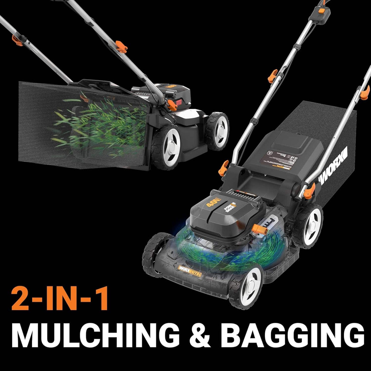WORX - WG745 40V 17'' Cordless Push Lawn Mower (2 Batteries & Charger Included) - Black