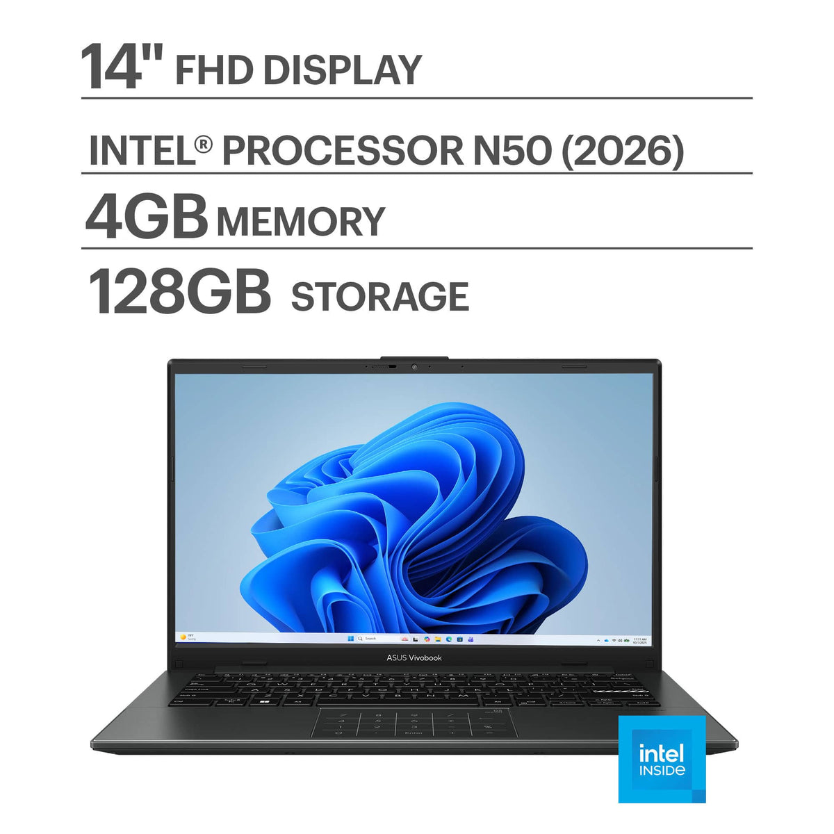 ASUS - Vivobook Go 14 14" FHD Laptop - Intel Processor N50 (2026) - 4GB Memory - 128GB Storage - Mixed Black