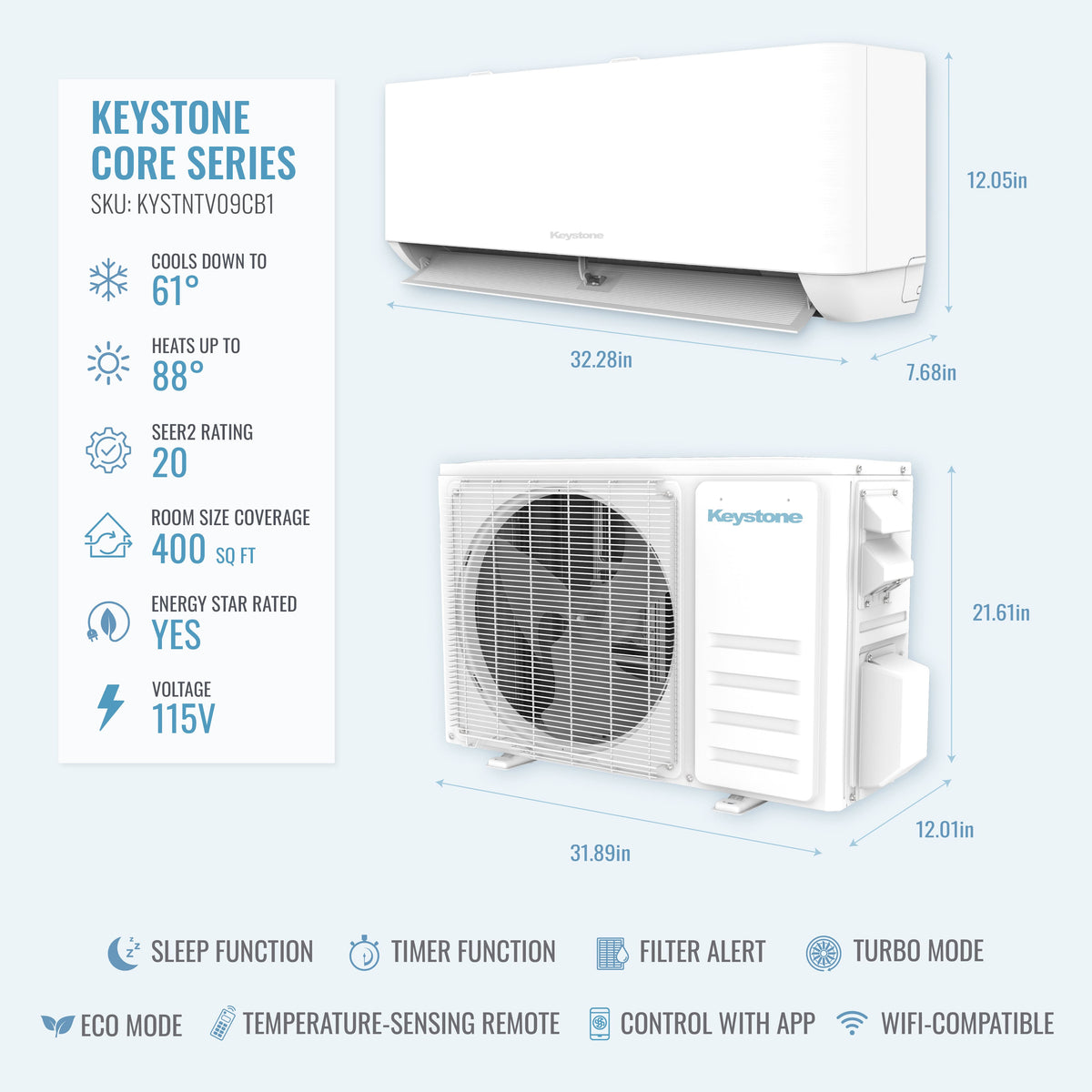 Keystone - Core 115V 400 Sq. Ft. 9,000 BTU Smart Mini Split Air Conditioner 10,000 BTU Heater - White