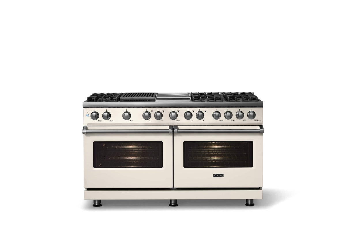 Viking - 60"W. 8 Burner Pro 5 Series 9.4 Cu. Ft. Freestanding Sealed 8 Burner Dual Fuel Convection Range/Griddle/Grill - Pure White