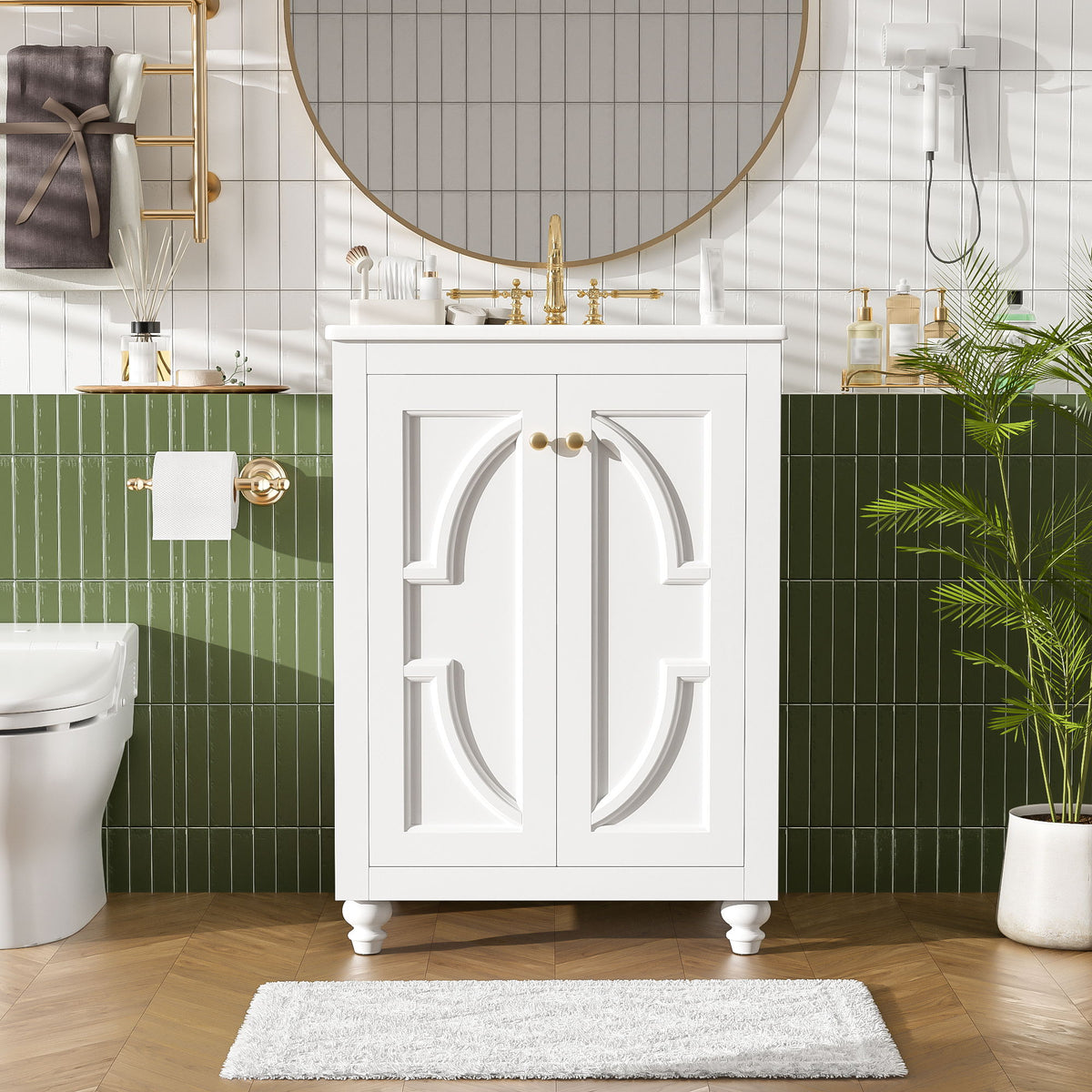 Tocador de baño con motivo elíptico ornamentado, bisagras de cierre suave