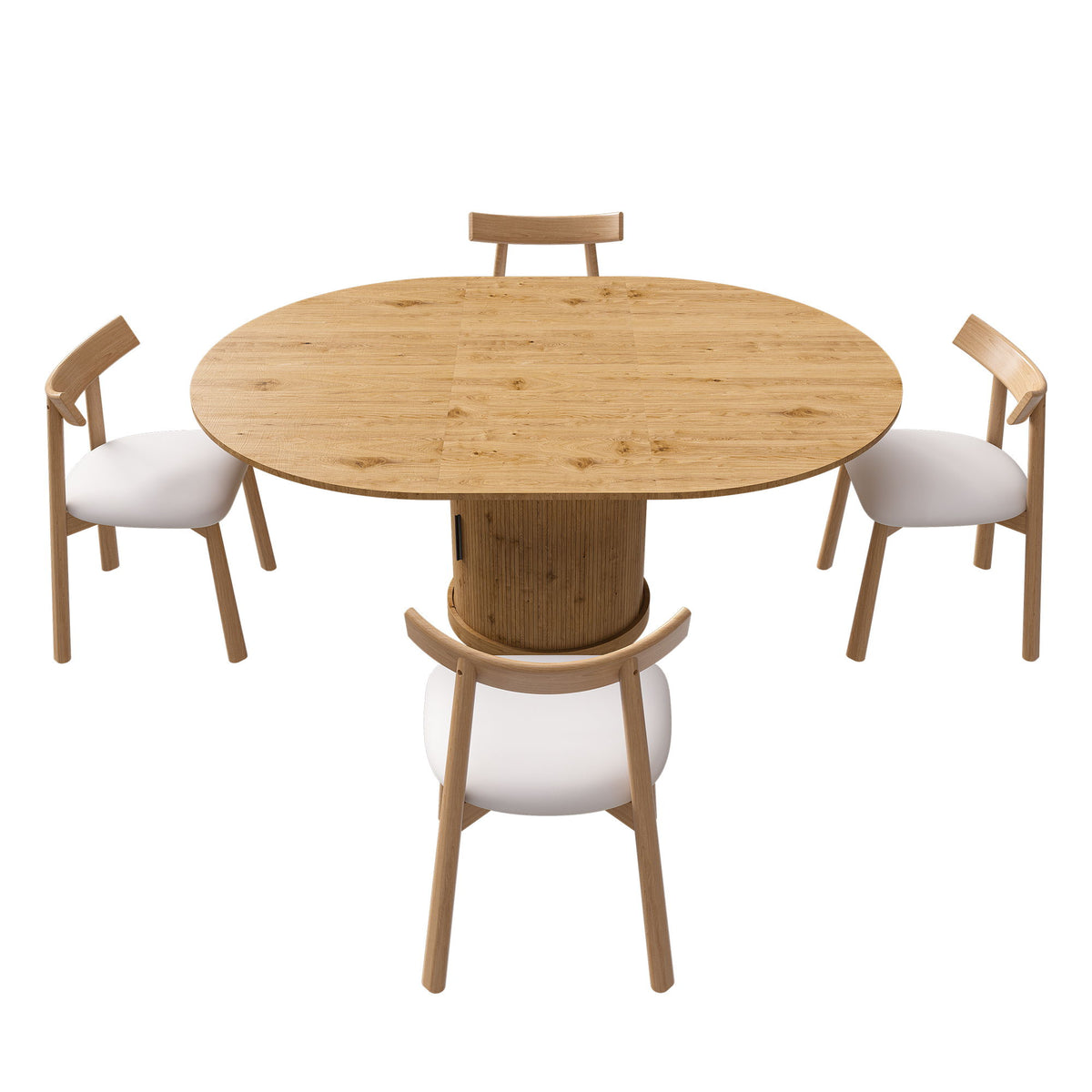 Juego de comedor con mesa ovalada extensible, 4 sillas con cojines y almacenamiento de 2 niveles - Roble