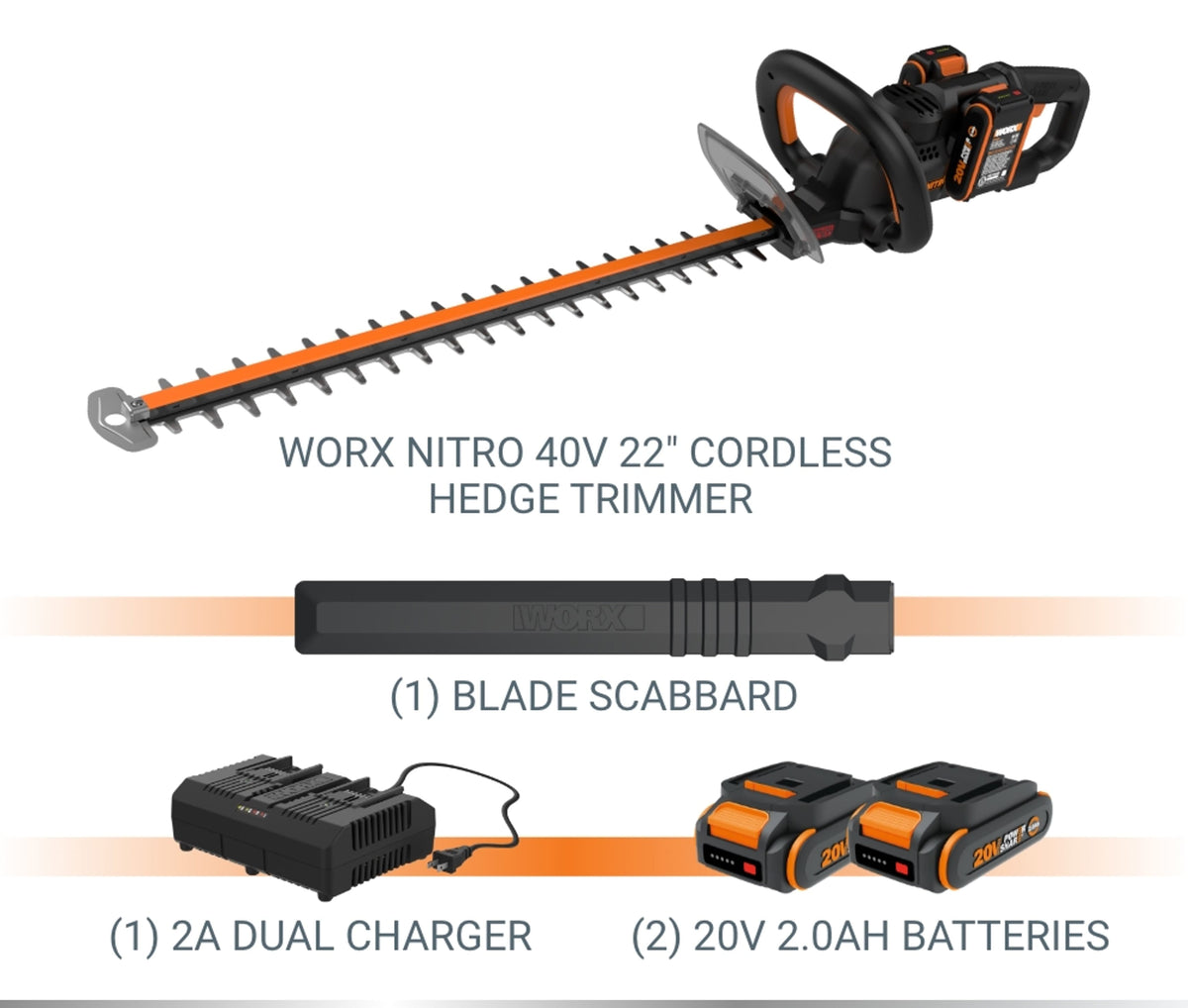 WORX - 40V 24" Cordless Hedge Trimmer (2 x 2.0 Ah Batteries & 1 x Charger) - Black