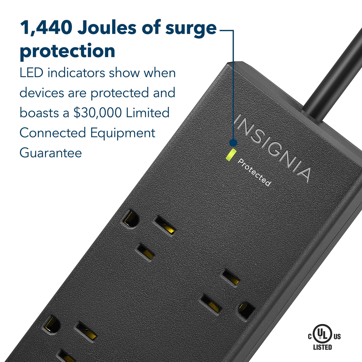 Insignia™ - Surge Protector for Home/Office with 8 AC Outlets, 6-foot cord, and 1440 joules of surge protection - Black