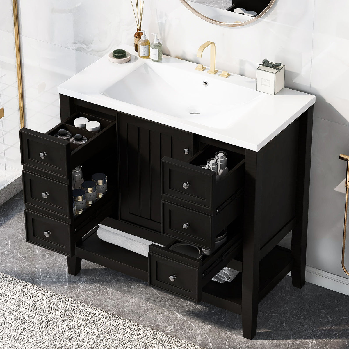 Mueble de baño con lavabo de 36", 2 puertas y 3 cajones - Negro