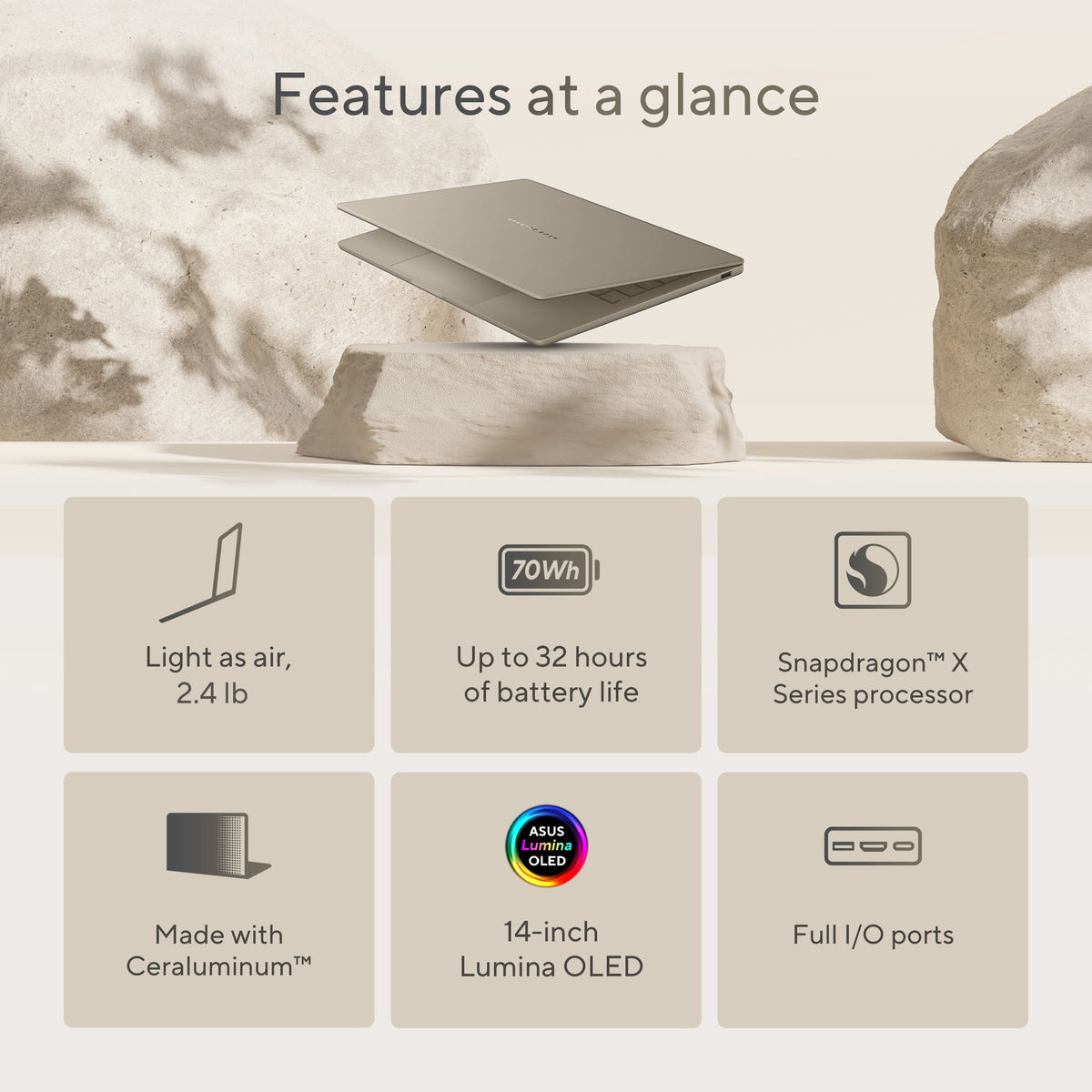 ASUS - Zenbook A14 14" 2K OLED Laptop - Snapdragon X Plus 2025 - 16GB Memory - 512GB Storage - Copilot+ PC - Zabriskie Beige