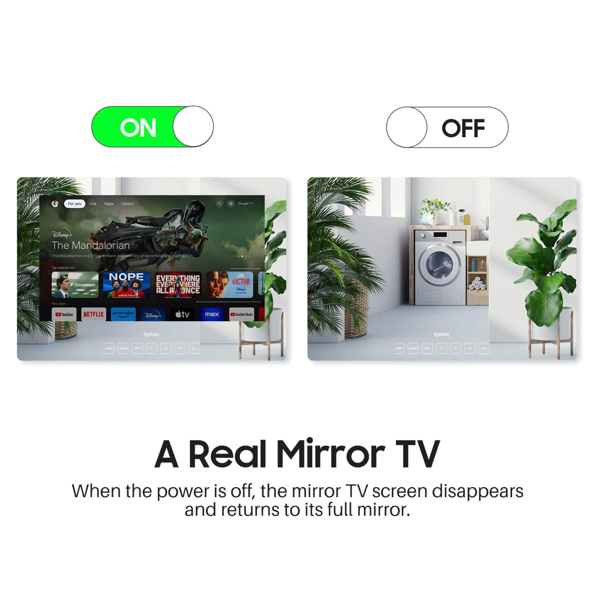 Sylvox - 24" Clas Smart Bathroom Mirror TV, 1080P FHD LED Google TV, IP66 Waterproof Anti-Fog, Dual Front Speakers (Wall Mount)